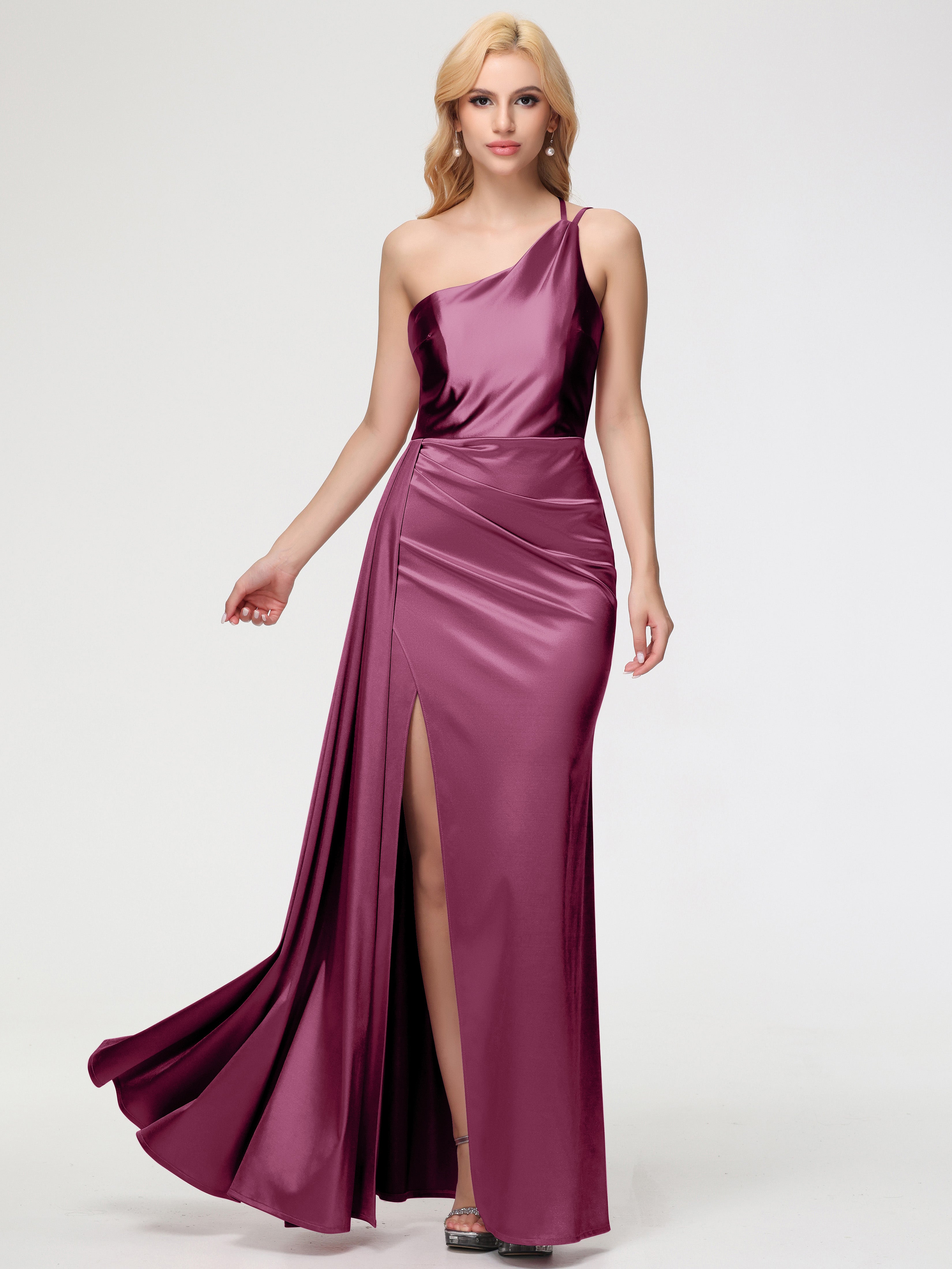 Robes De Demoiselle D'Honneur Mure Seule-épaule Satin Extensible Fourreau/Colonne Fendue Robe De Demoiselle D'Honneur