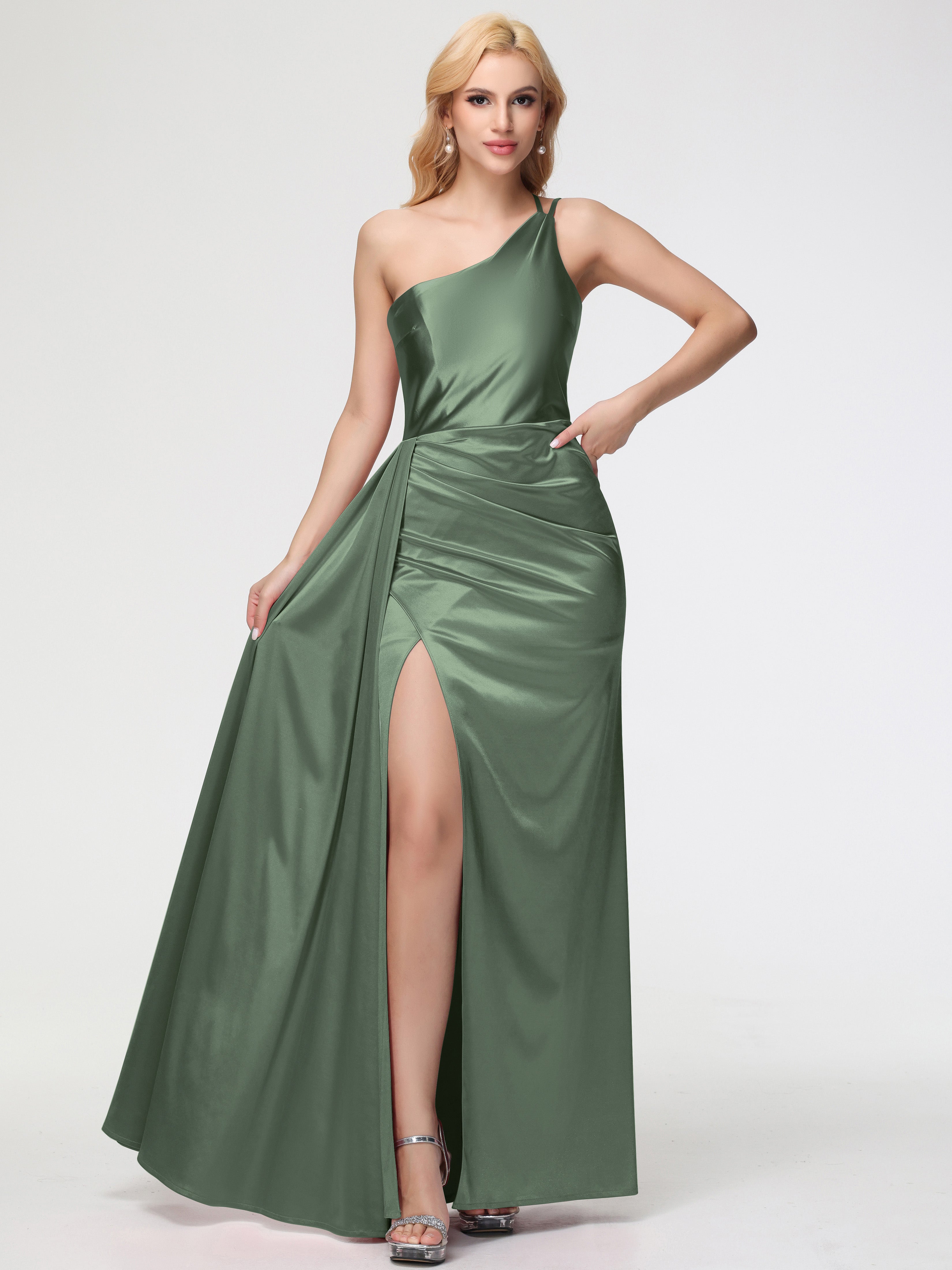Robe De Demoiselle D Honneur Vert Olive Seule-épaule Satin Extensible Fourreau/Colonne Fendue Robe De Demoiselle D'Honneur