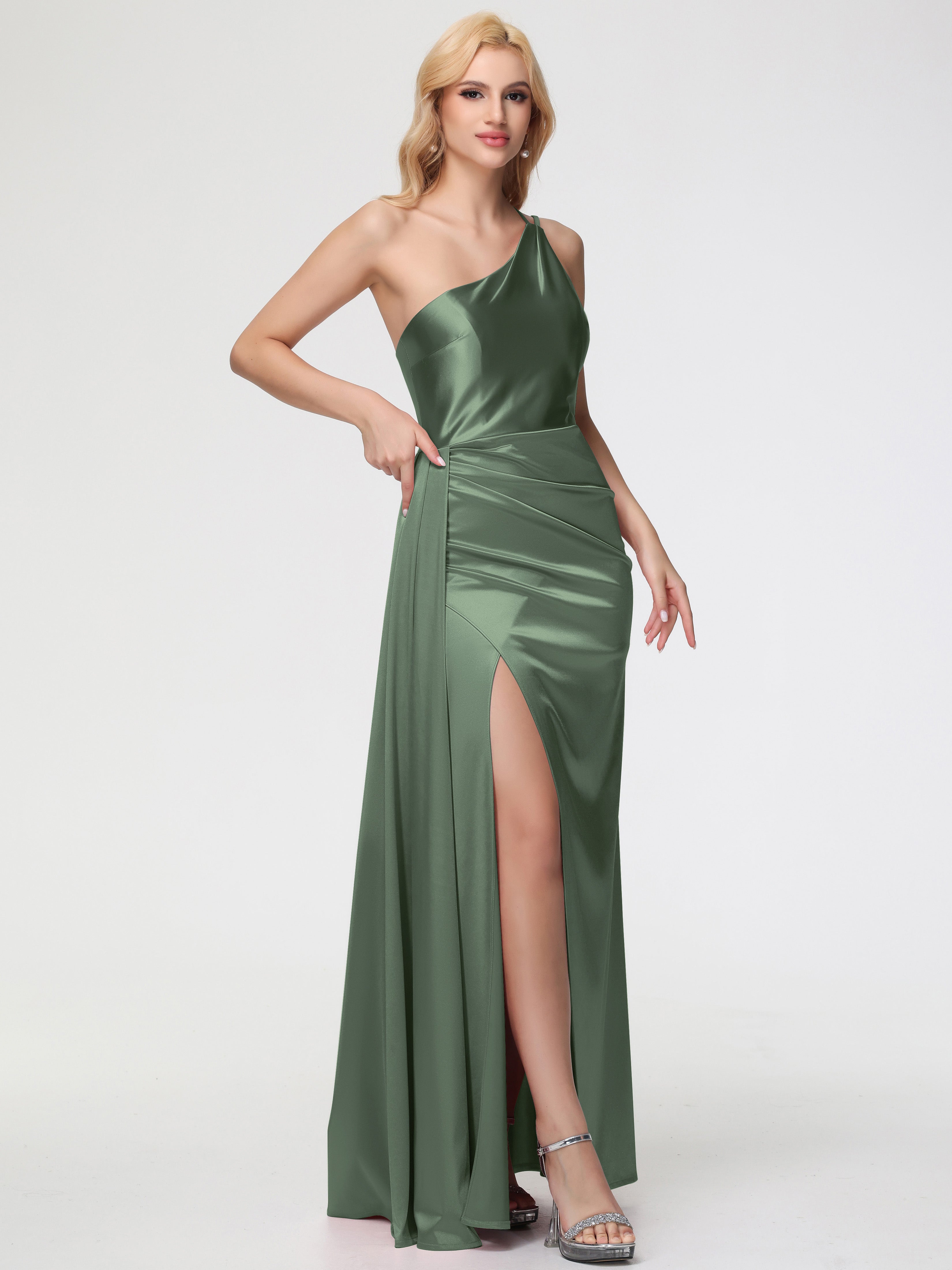 Robe De Demoiselle D Honneur Vert Olive Seule-épaule Satin Extensible Fourreau/Colonne Fendue Robe De Demoiselle D'Honneur