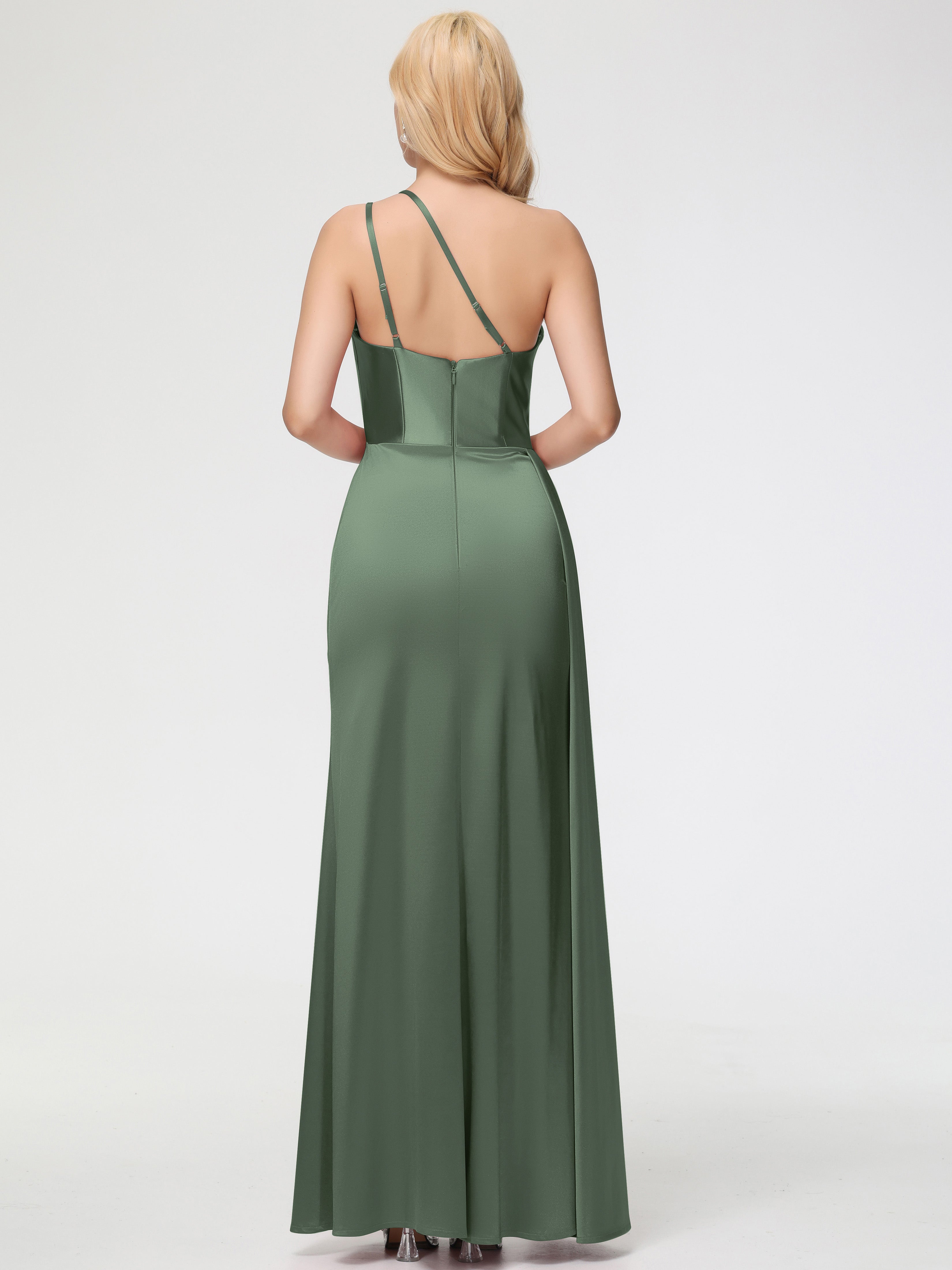 Robe De Demoiselle D Honneur Vert Olive Seule-épaule Satin Extensible Fourreau/Colonne Fendue Robe De Demoiselle D'Honneur