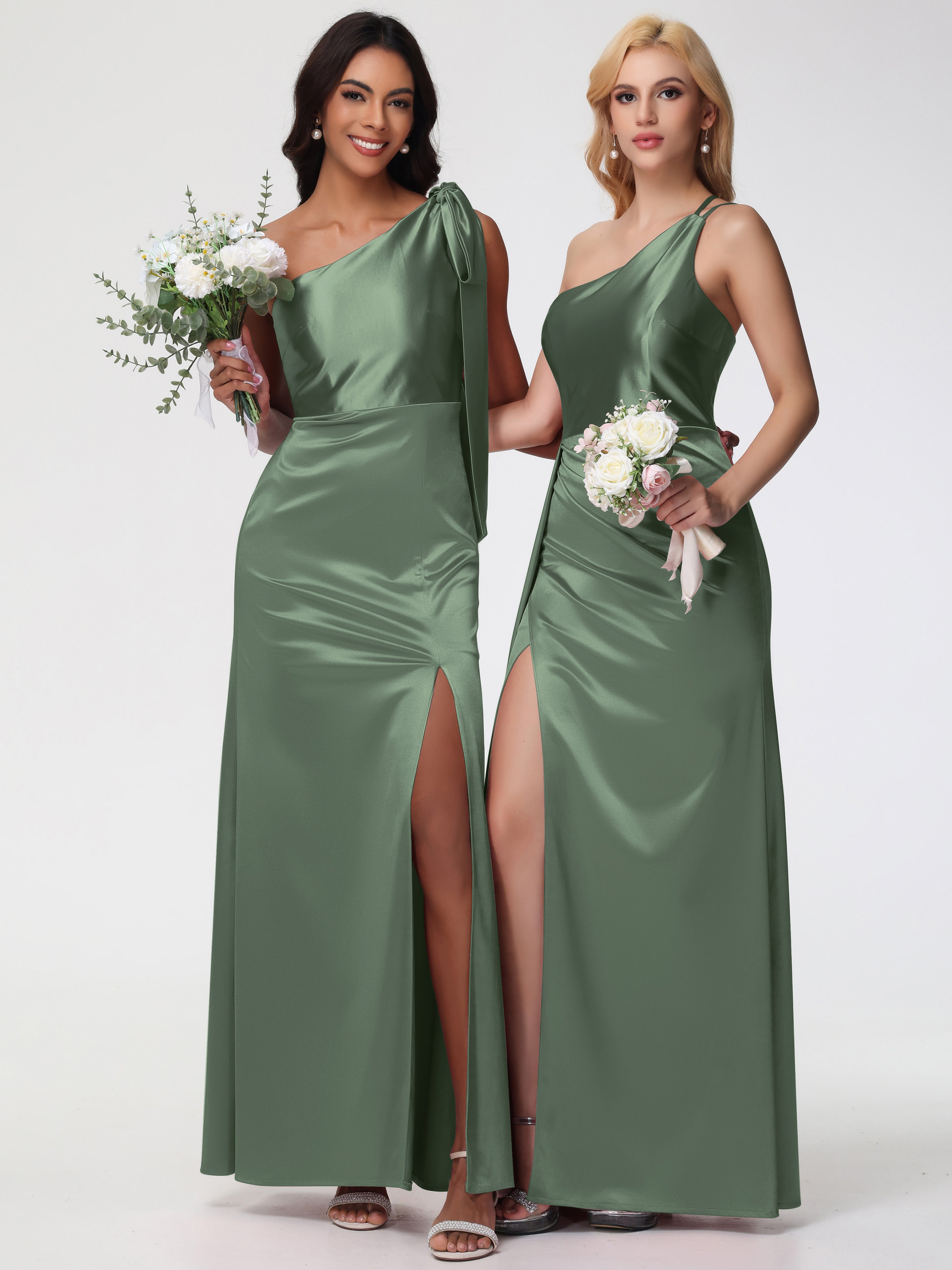 Robe De Demoiselle D Honneur Vert Olive Seule-épaule Satin Extensible Fourreau/Colonne Fendue Robe De Demoiselle D'Honneur