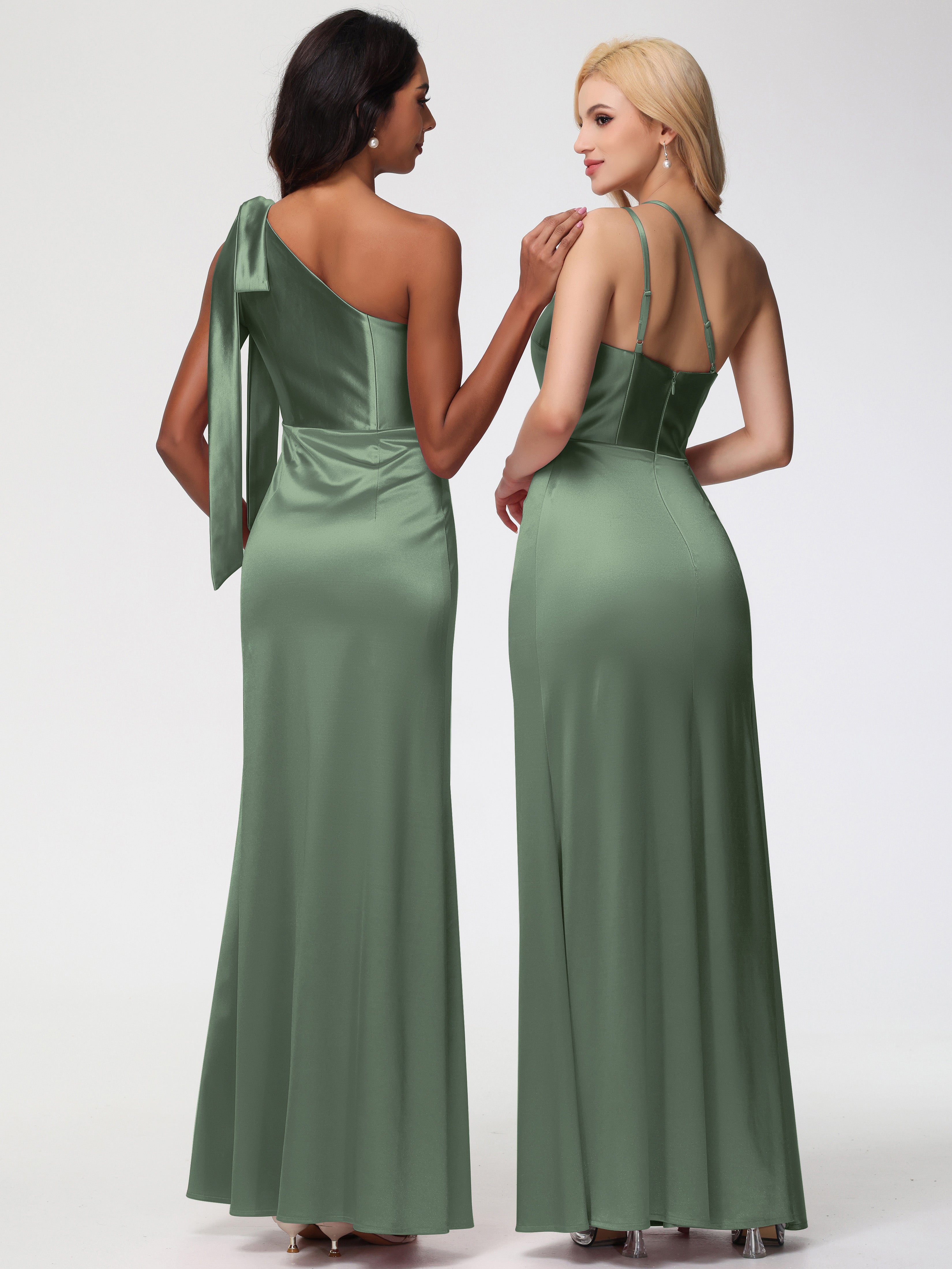 Robe De Demoiselle D Honneur Vert Olive Seule-épaule Satin Extensible Fourreau/Colonne Fendue Robe De Demoiselle D'Honneur