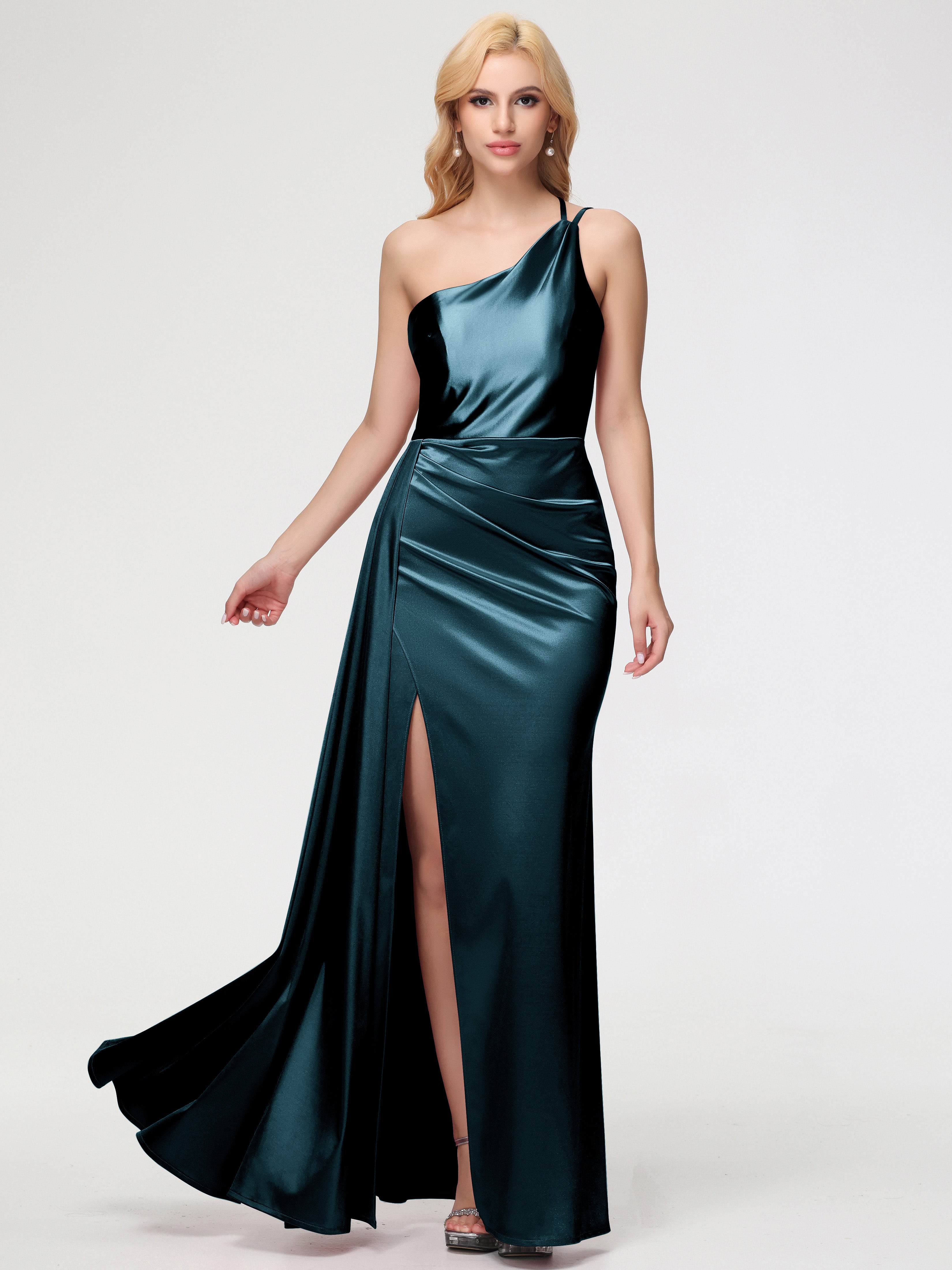 Robes De Demoiselle D'Honneur Paon Seule-épaule Satin Extensible Fourreau/Colonne Fendue Robe De Demoiselle D'Honneur