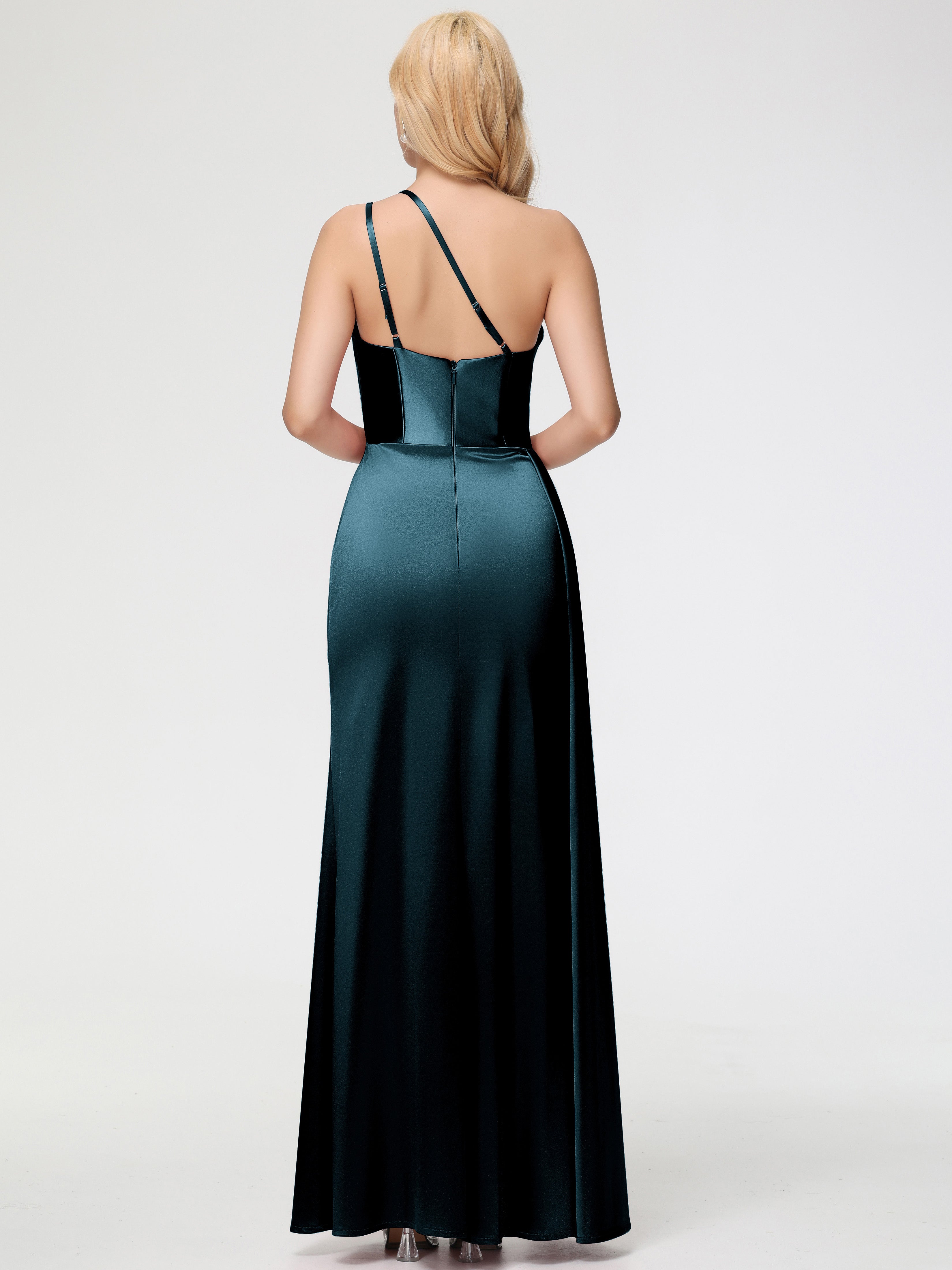 Robes De Demoiselle D'Honneur Paon Seule-épaule Satin Extensible Fourreau/Colonne Fendue Robe De Demoiselle D'Honneur