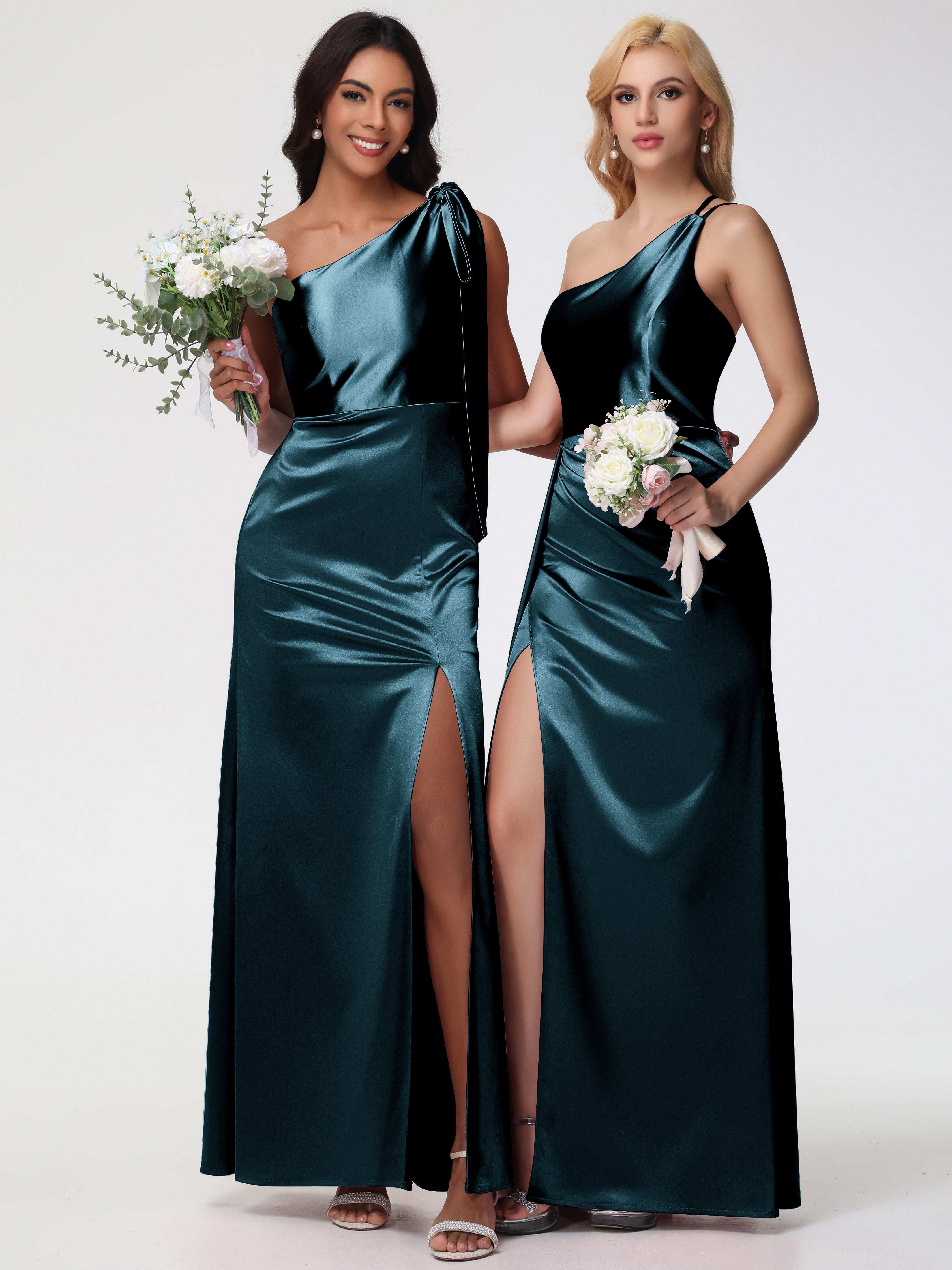 Robes De Demoiselle D'Honneur Paon Seule-épaule Satin Extensible Fourreau/Colonne Fendue Robe De Demoiselle D'Honneur