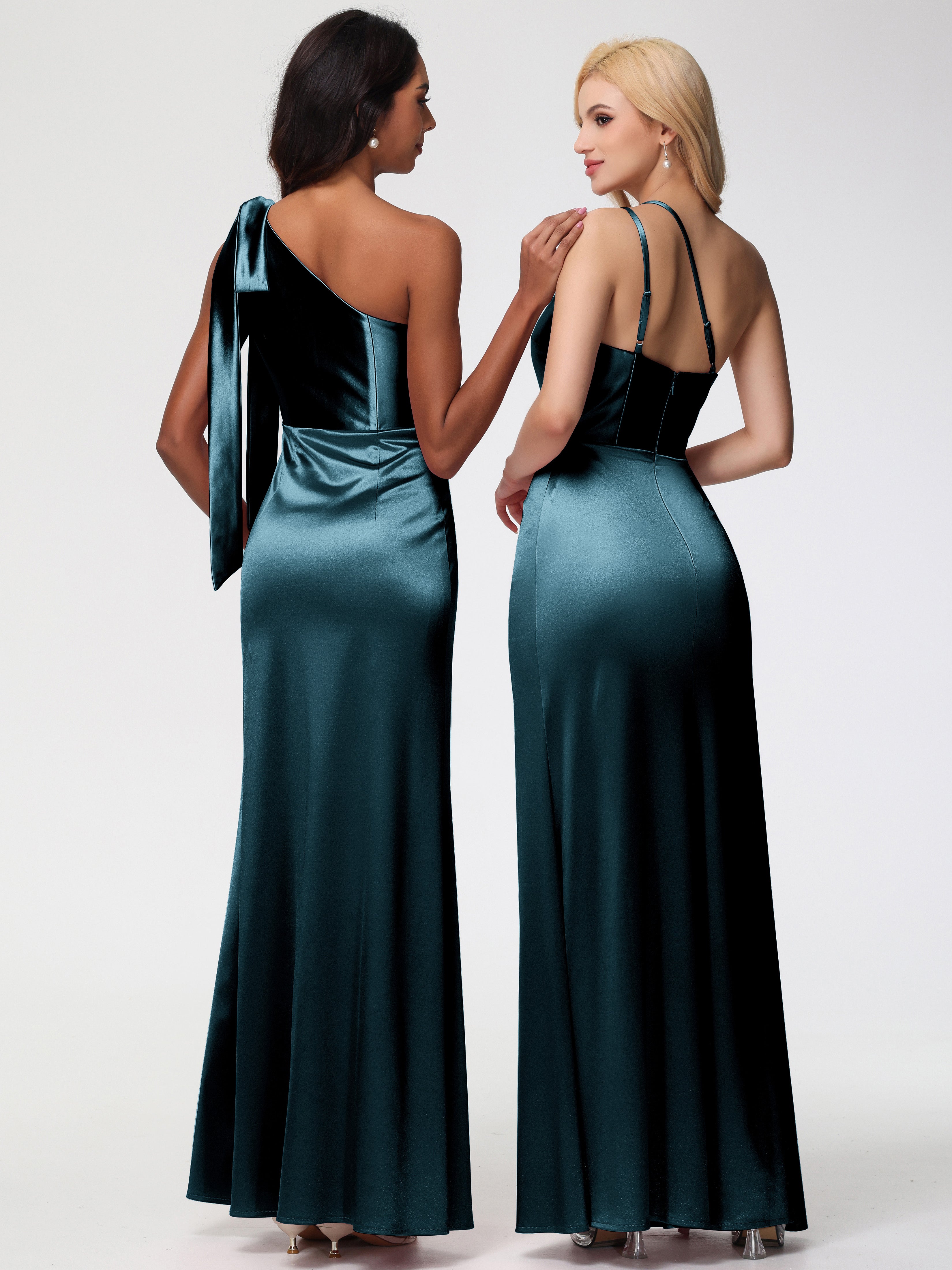 Robes De Demoiselle D'Honneur Paon Seule-épaule Satin Extensible Fourreau/Colonne Fendue Robe De Demoiselle D'Honneur