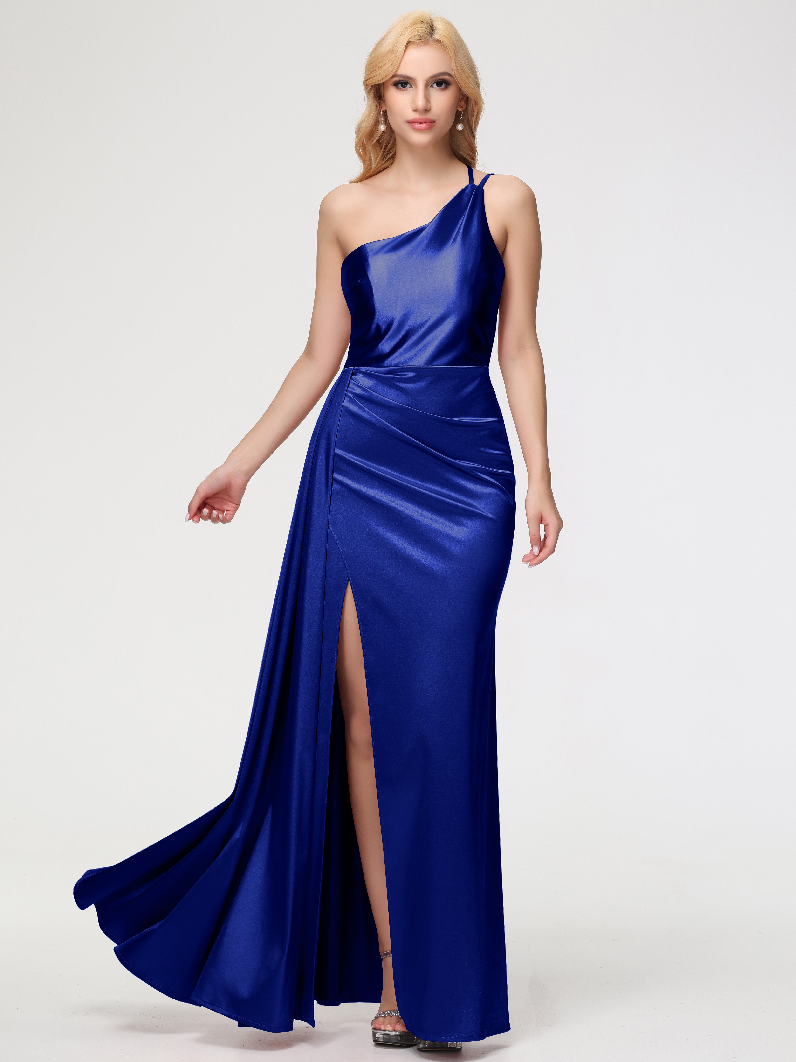 Robes De Demoiselle D'Honneur Bleu Royal Seule-épaule Satin Extensible Fourreau/Colonne Fendue Robe De Demoiselle D'Honneur