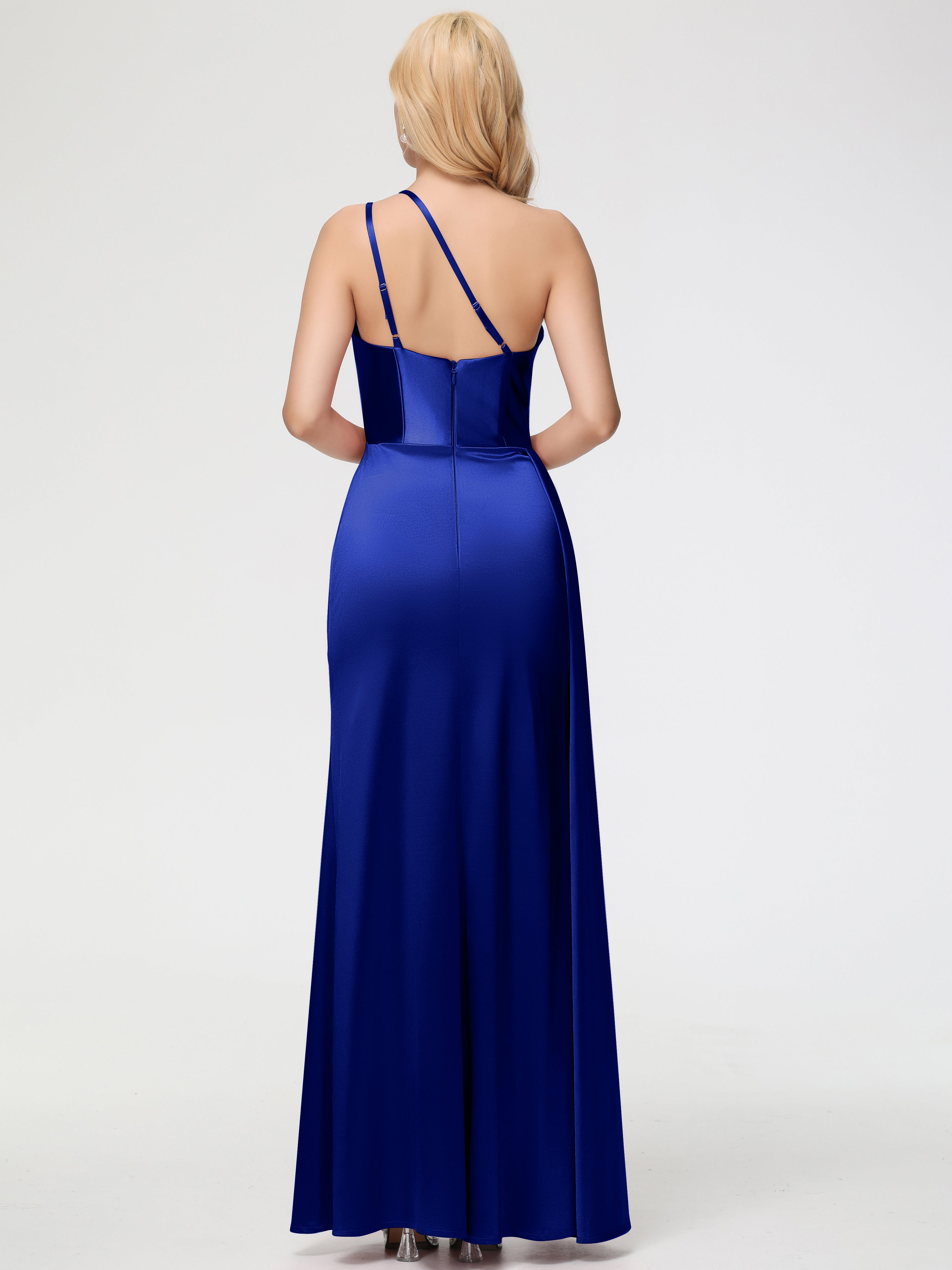Robes De Demoiselle D'Honneur Bleu Royal Seule-épaule Satin Extensible Fourreau/Colonne Fendue Robe De Demoiselle D'Honneur