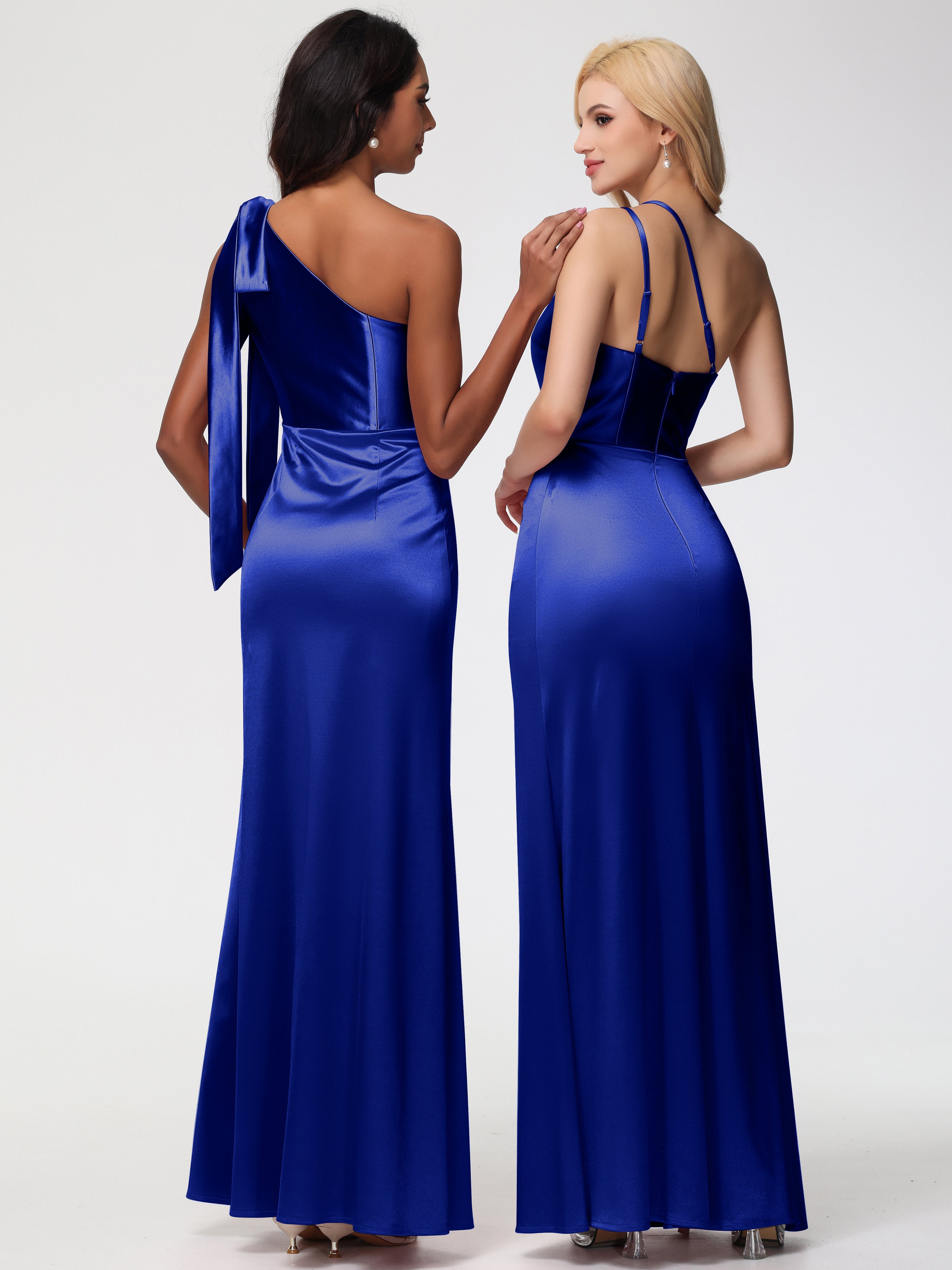 Robes De Demoiselle D'Honneur Bleu Royal Seule-épaule Satin Extensible Fourreau/Colonne Fendue Robe De Demoiselle D'Honneur