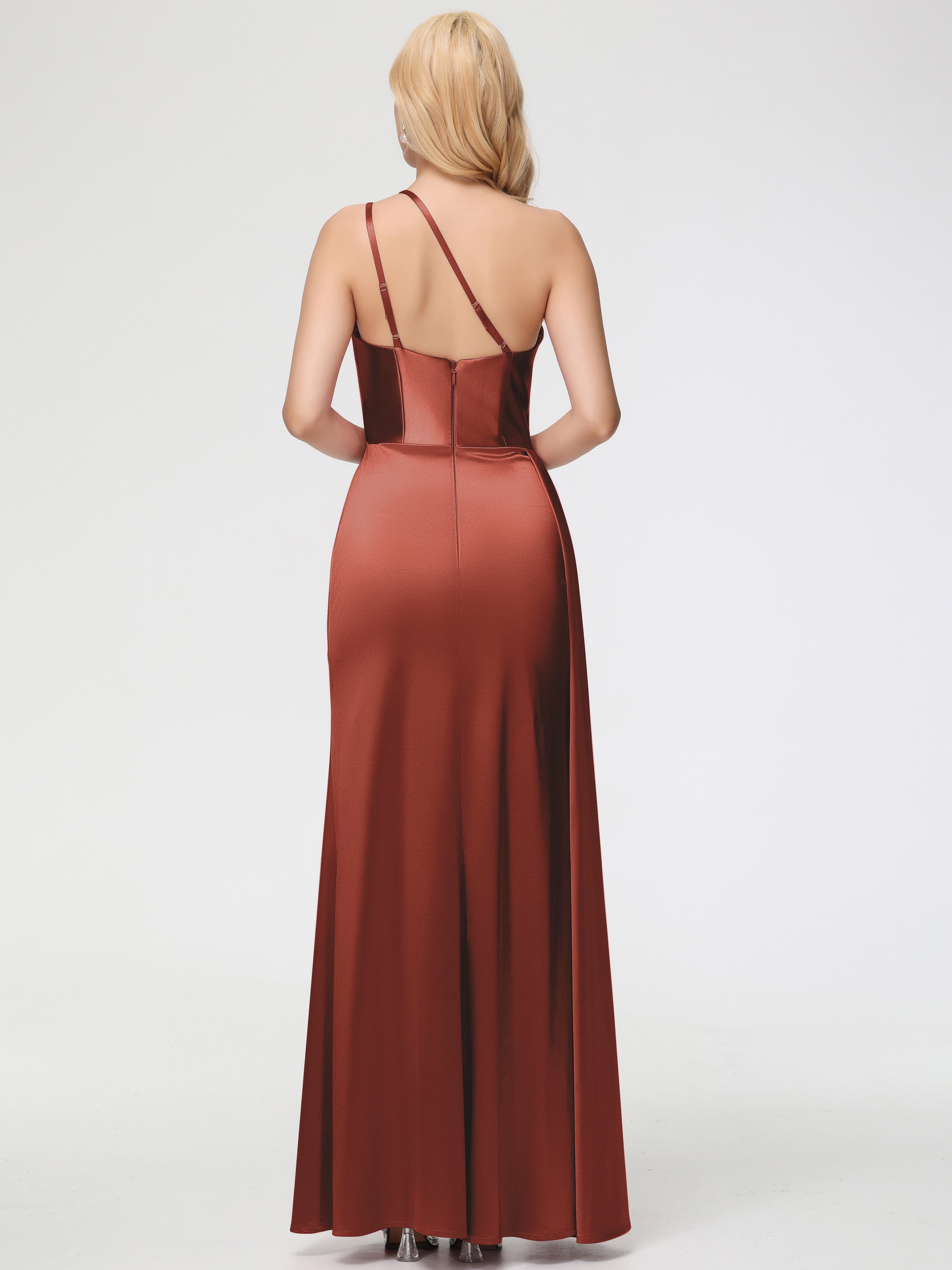 Robe De Demoiselle D'Honneur Rouille Seule-épaule Satin Extensible Fourreau/Colonne Fendue Robe De Demoiselle D'Honneur