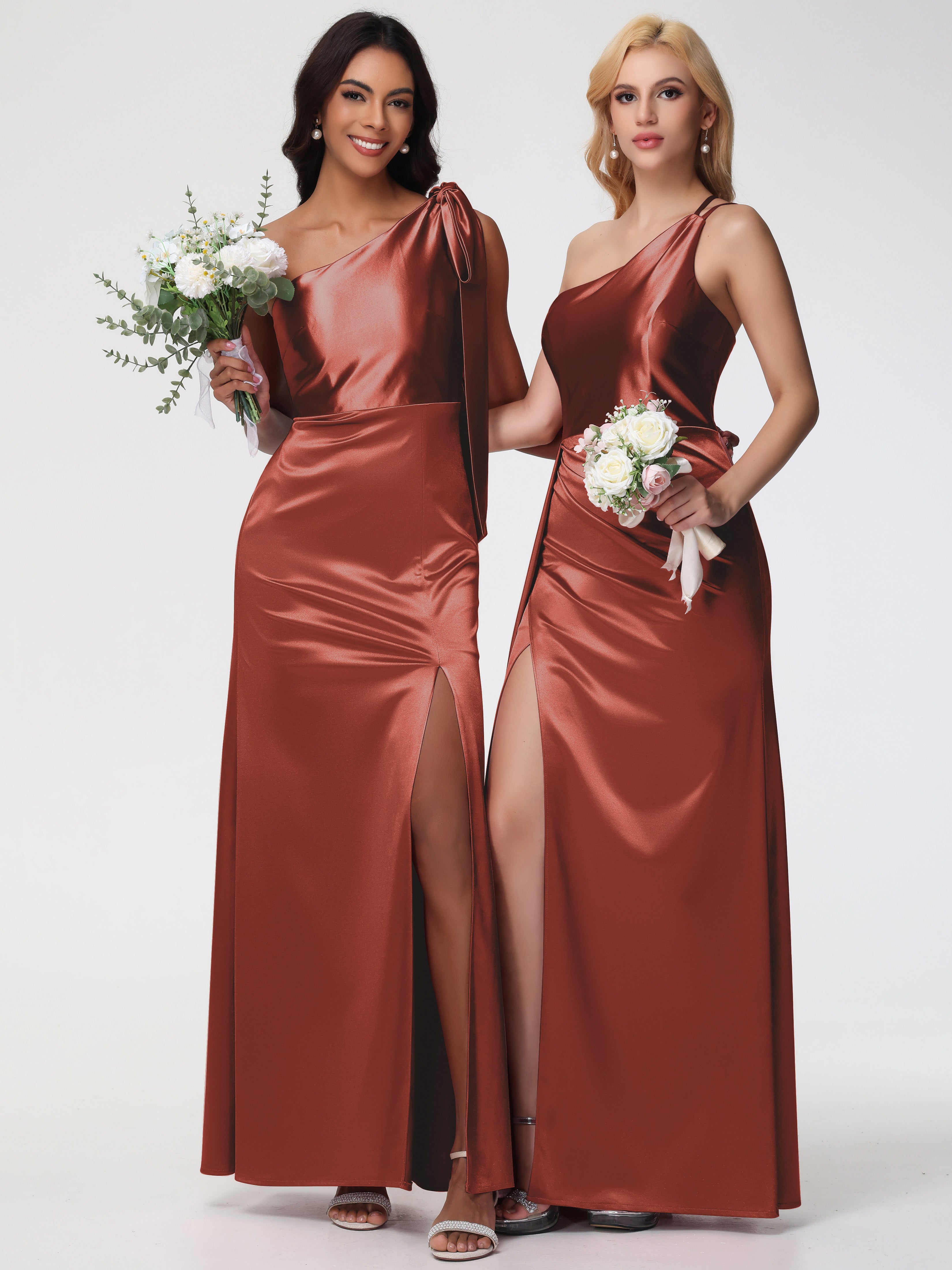 Robe De Demoiselle D'Honneur Rouille Seule-épaule Satin Extensible Fourreau/Colonne Fendue Robe De Demoiselle D'Honneur