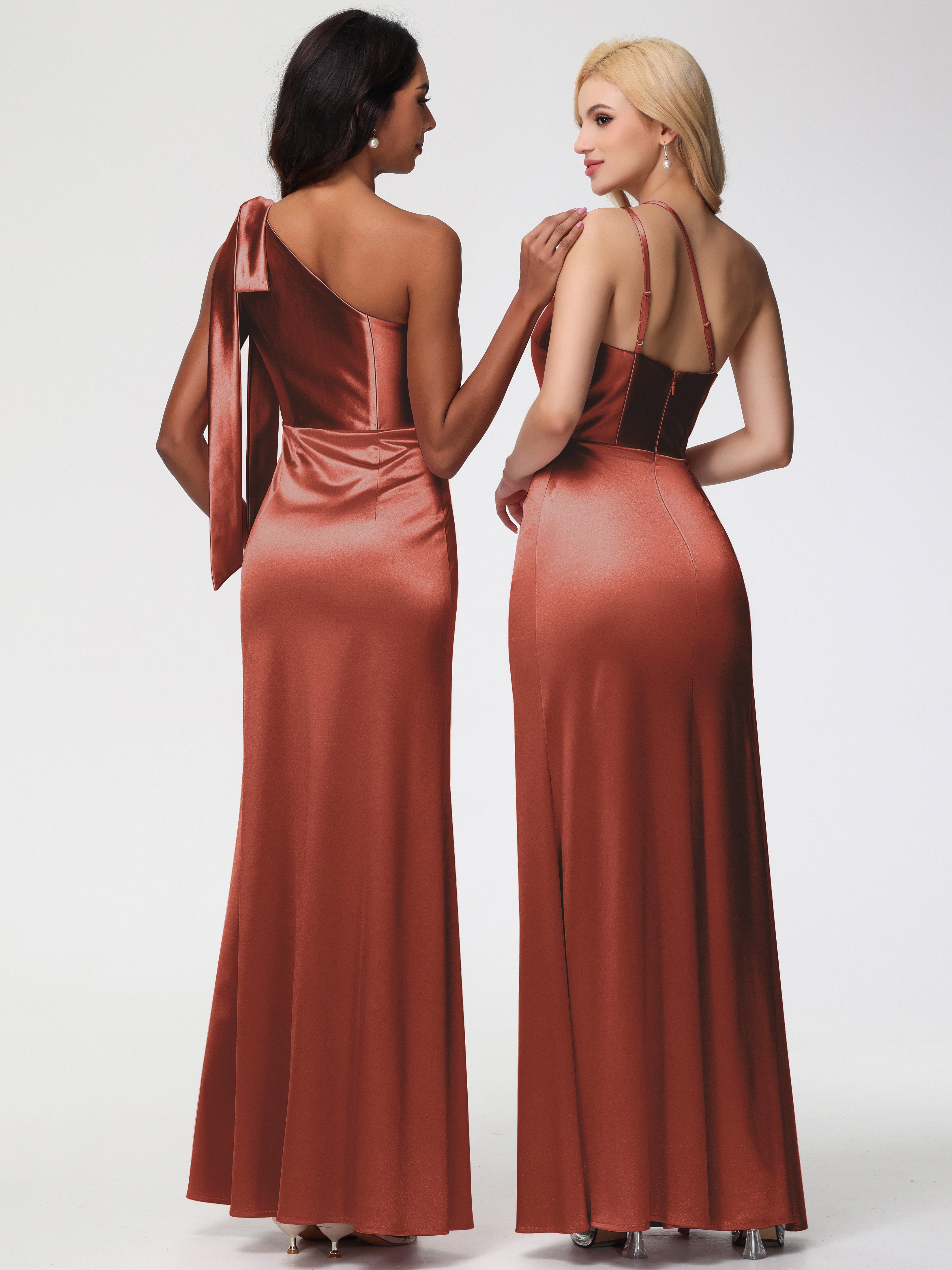 Robe De Demoiselle D'Honneur Rouille Seule-épaule Satin Extensible Fourreau/Colonne Fendue Robe De Demoiselle D'Honneur