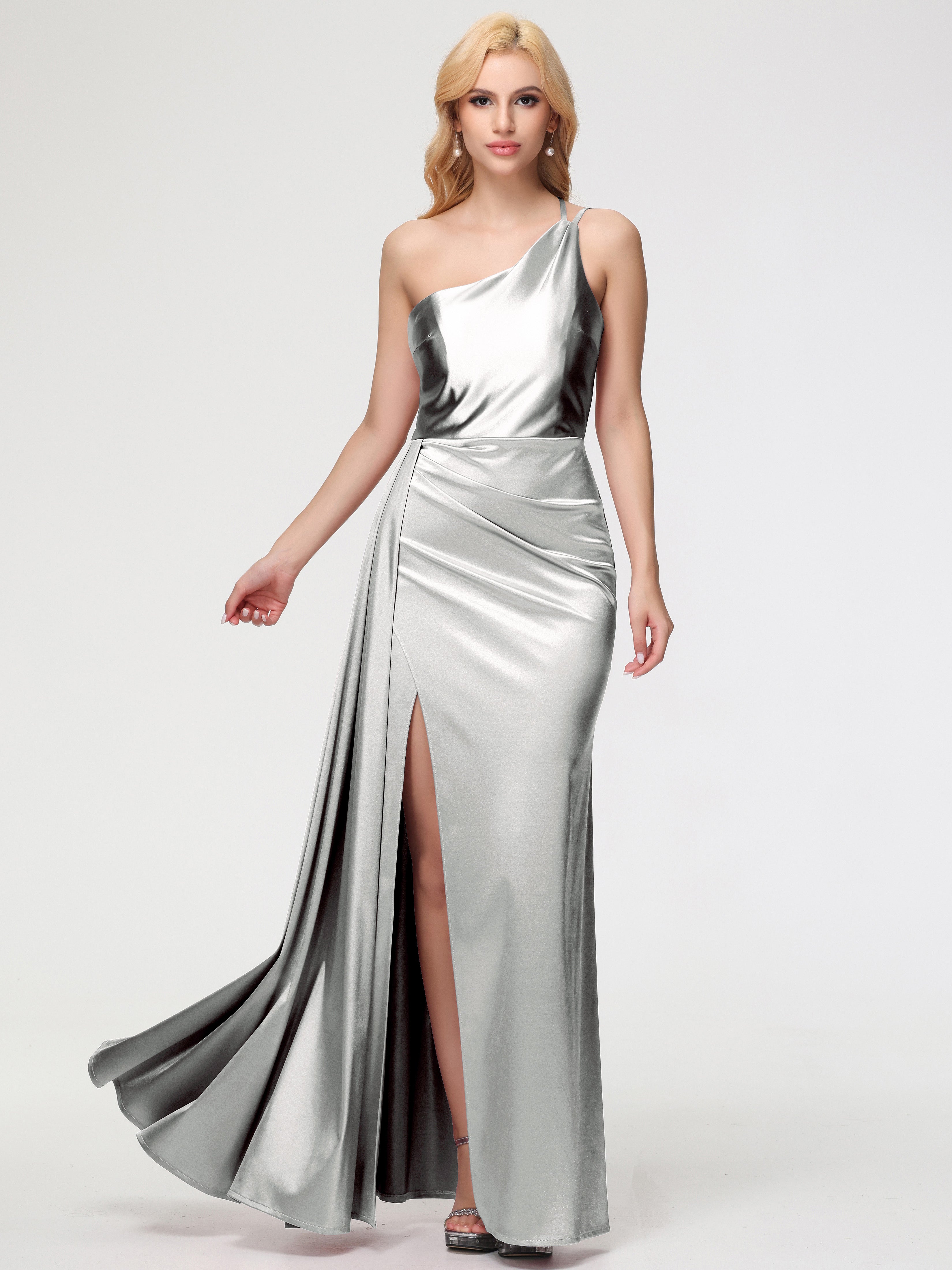 Robe Demoiselle D Honneur Argentée Seule-épaule Satin Extensible Fourreau/Colonne Fendue Robe De Demoiselle D'Honneur