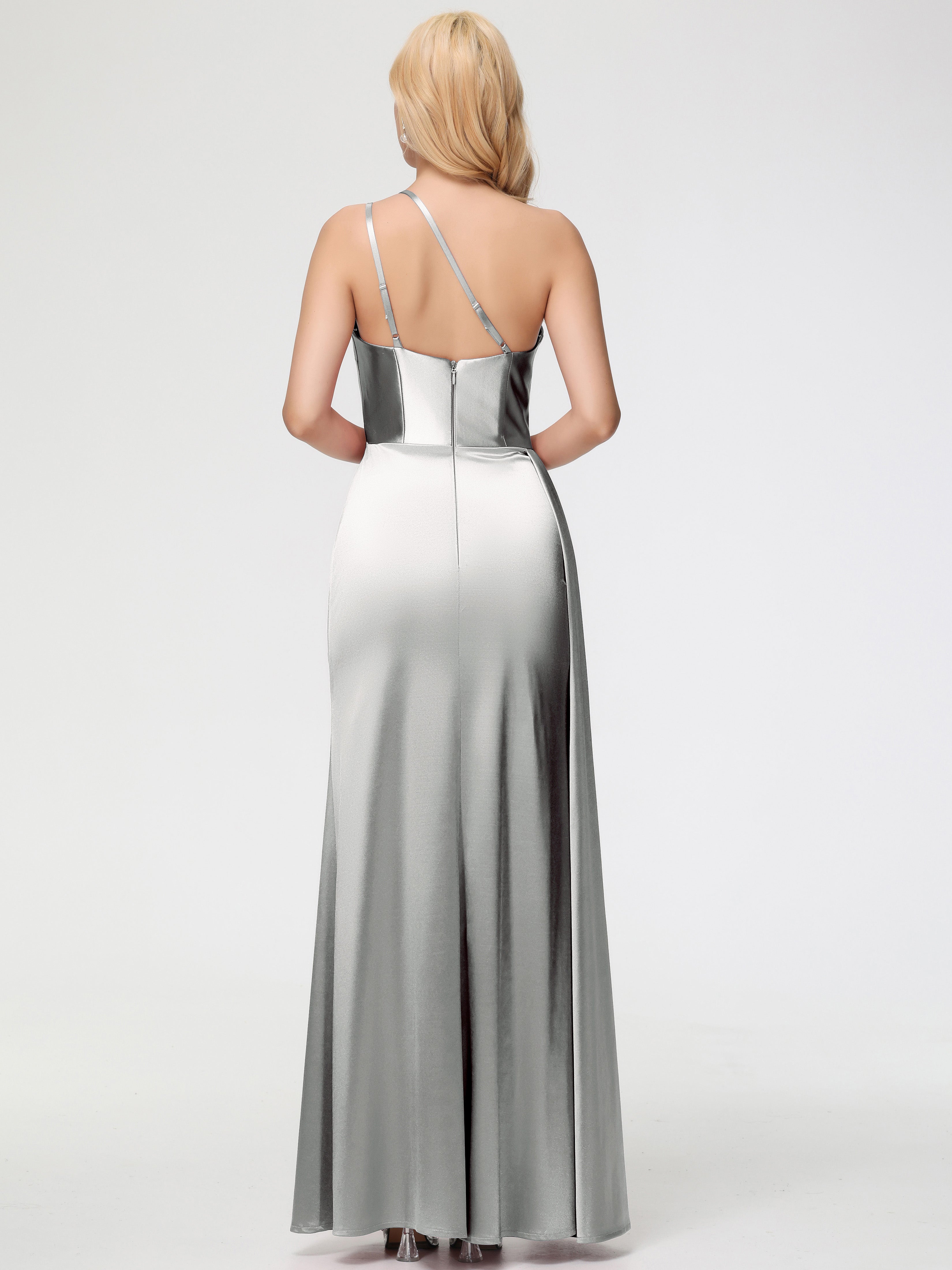 Robe Demoiselle D Honneur Argentée Seule-épaule Satin Extensible Fourreau/Colonne Fendue Robe De Demoiselle D'Honneur