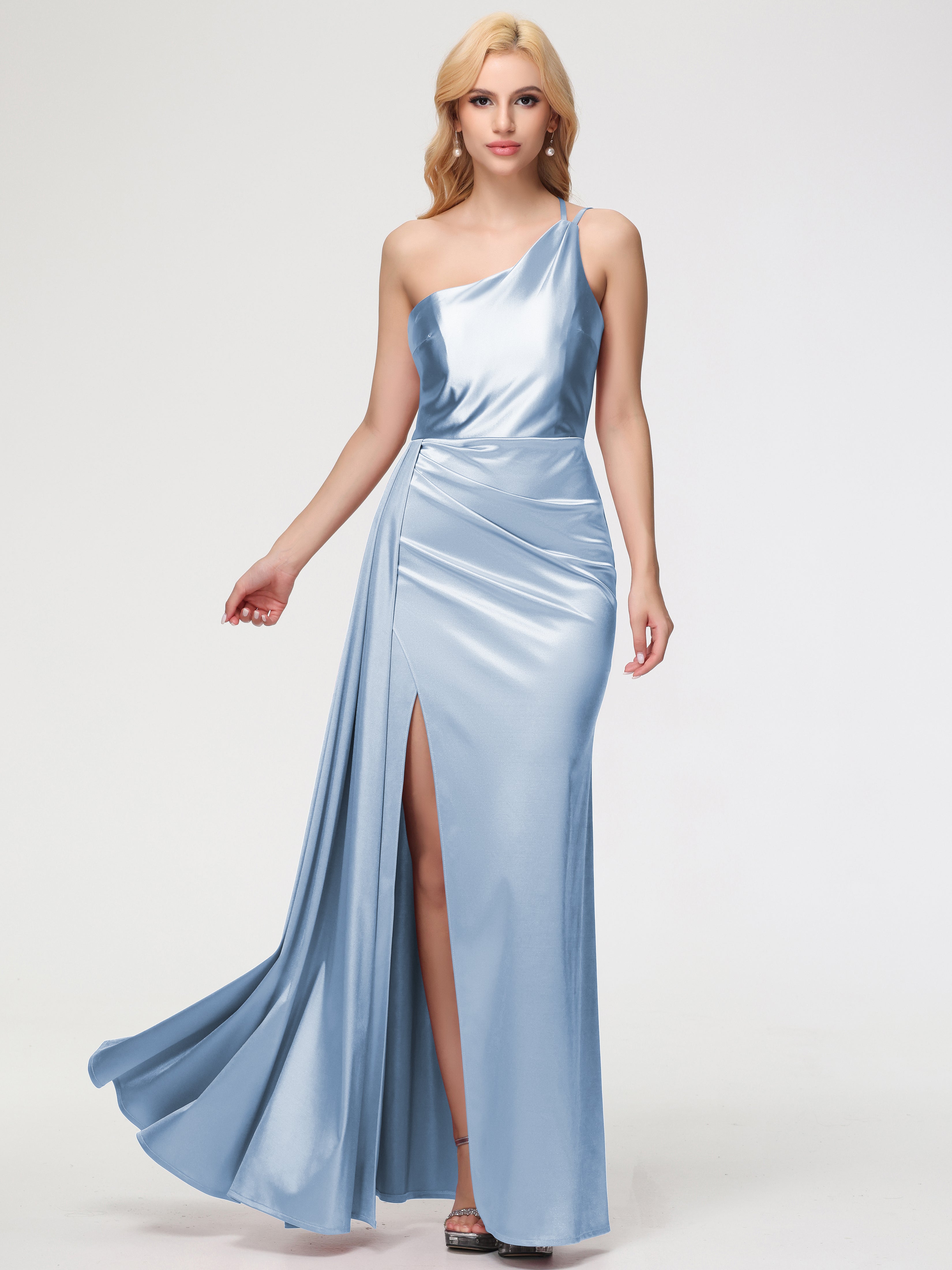 Robe De Demoiselle D Honneur Bleu Ciel Seule-épaule Satin Extensible Fourreau/Colonne Fendue Robe De Demoiselle D'Honneur