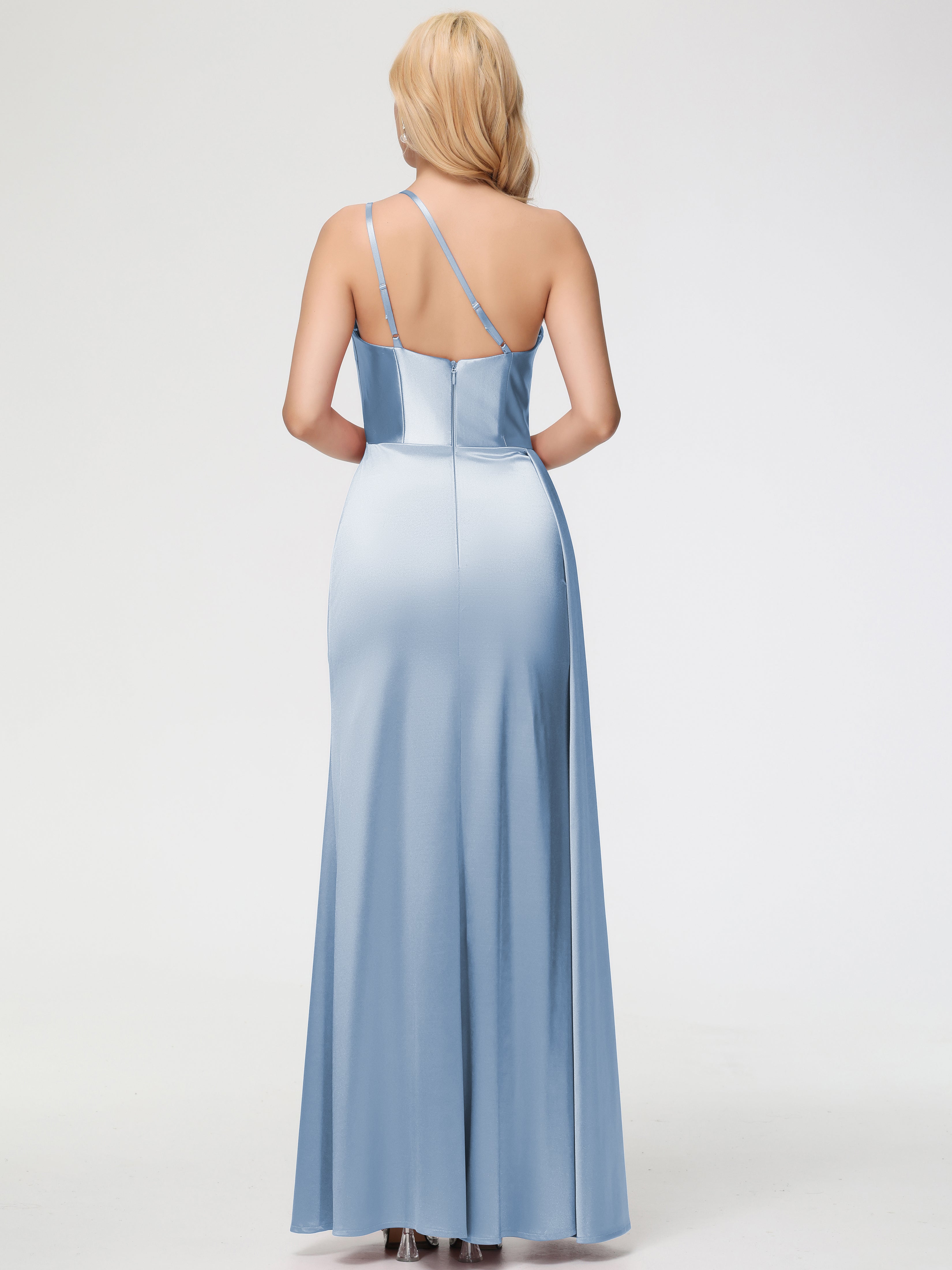 Robe De Demoiselle D Honneur Bleu Ciel Seule-épaule Satin Extensible Fourreau/Colonne Fendue Robe De Demoiselle D'Honneur