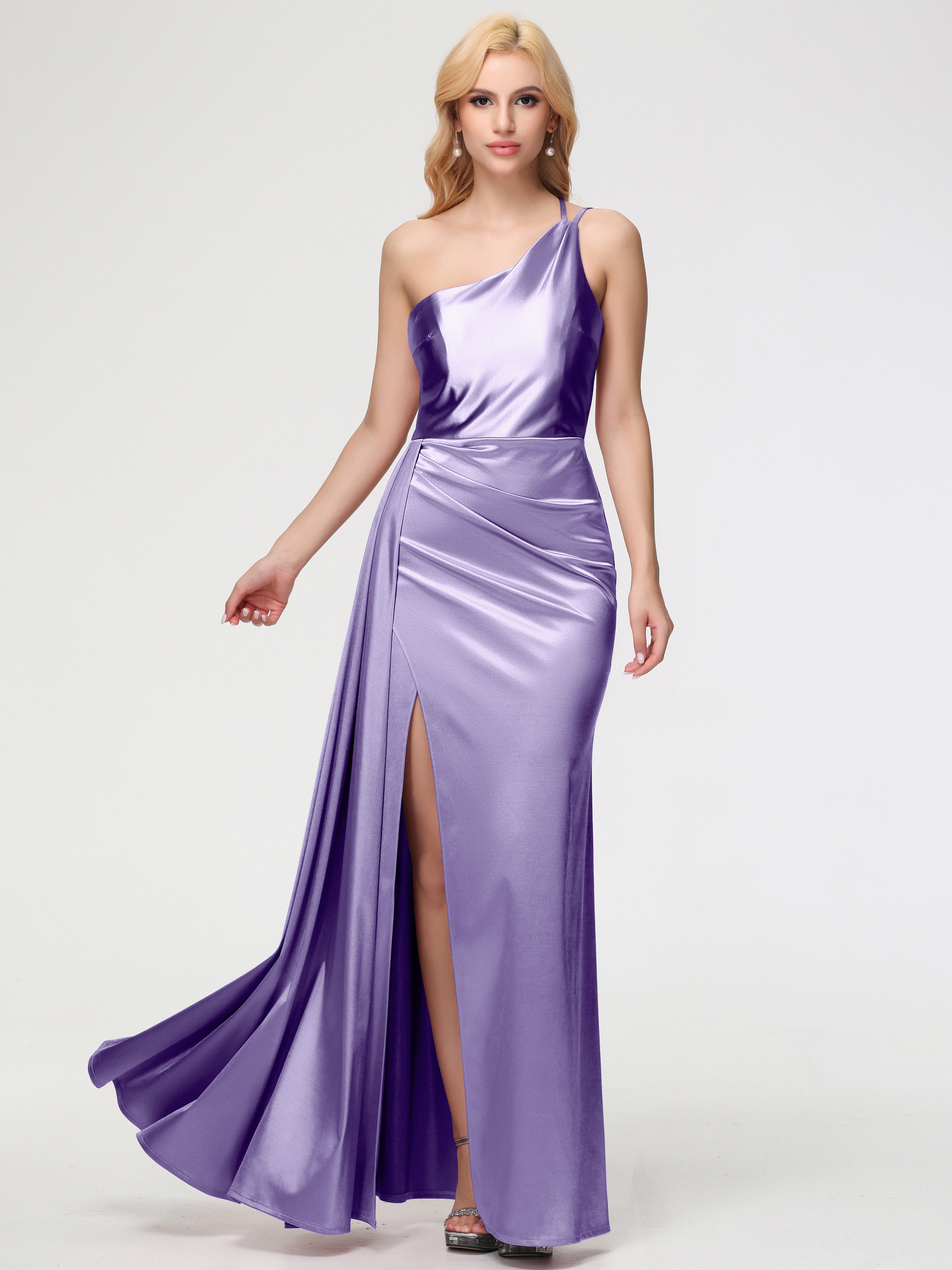 Robes De Demoiselle D'Honneur Tahiti Seule-épaule Satin Extensible Fourreau/Colonne Fendue Robe De Demoiselle D'Honneur