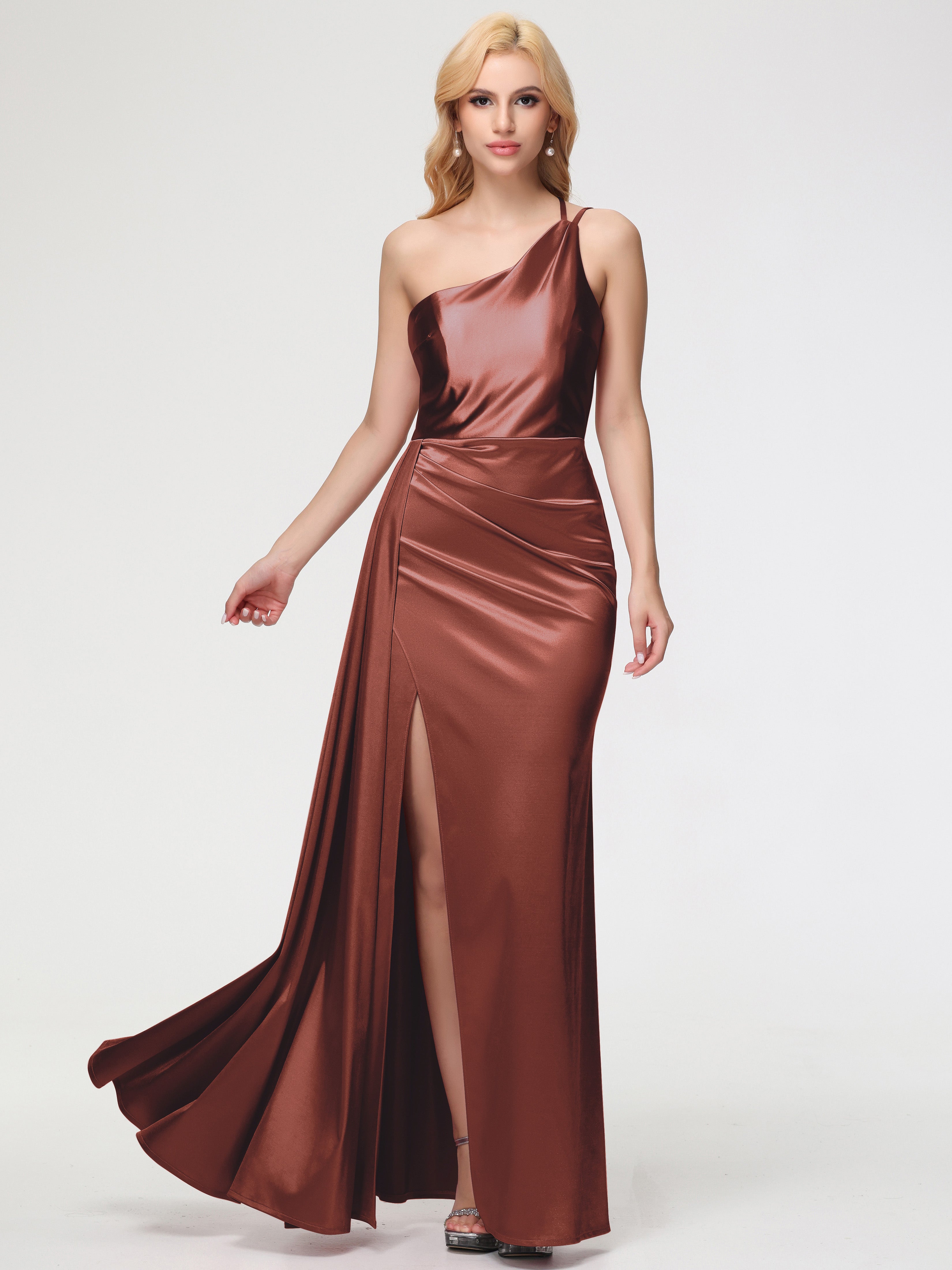 Demoiselle Robe Terracotta Mariage Seule-épaule Satin Extensible Fourreau/Colonne Fendue Robe De Demoiselle D'Honneur