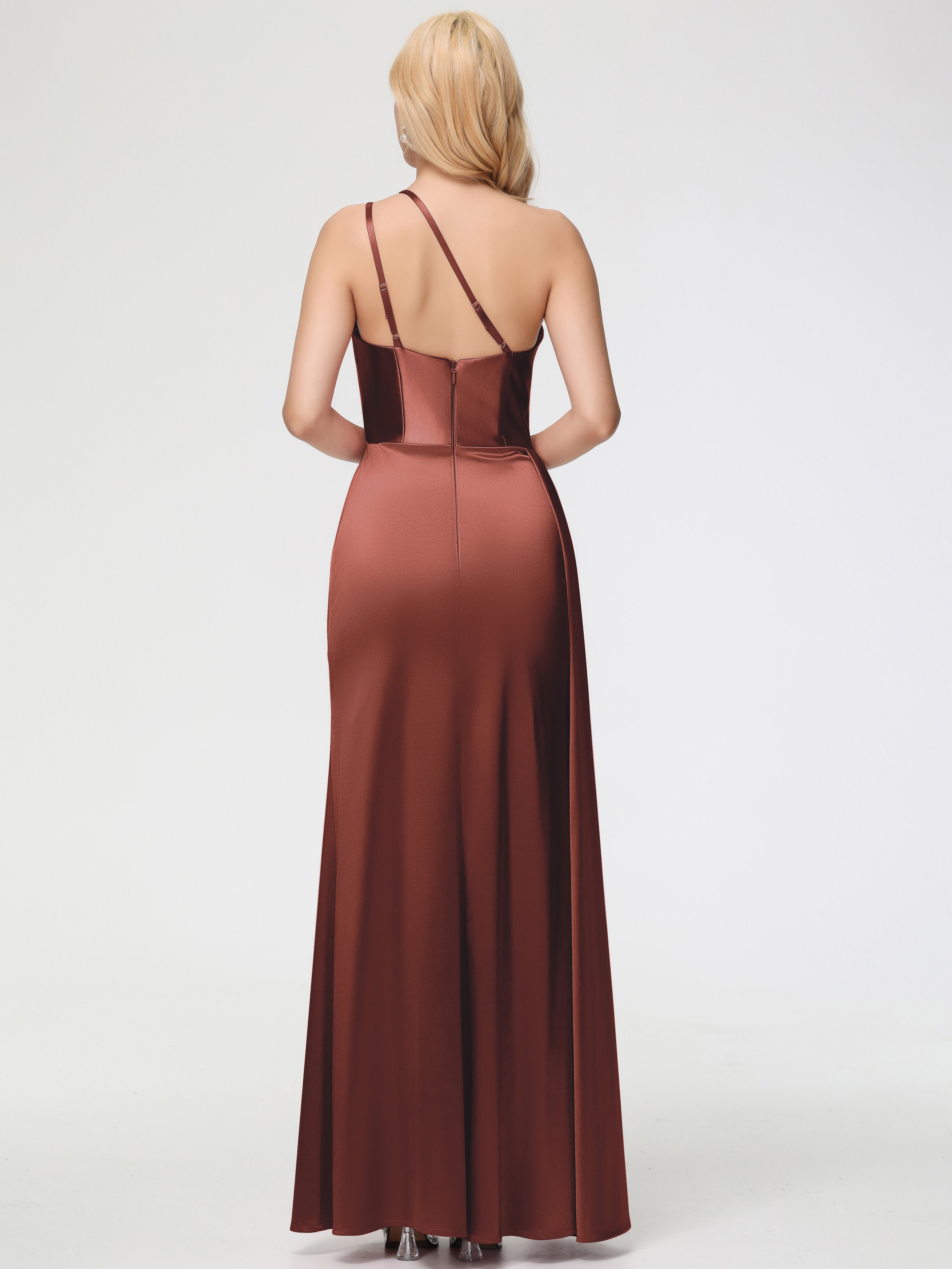 Demoiselle Robe Terracotta Mariage Seule-épaule Satin Extensible Fourreau/Colonne Fendue Robe De Demoiselle D'Honneur