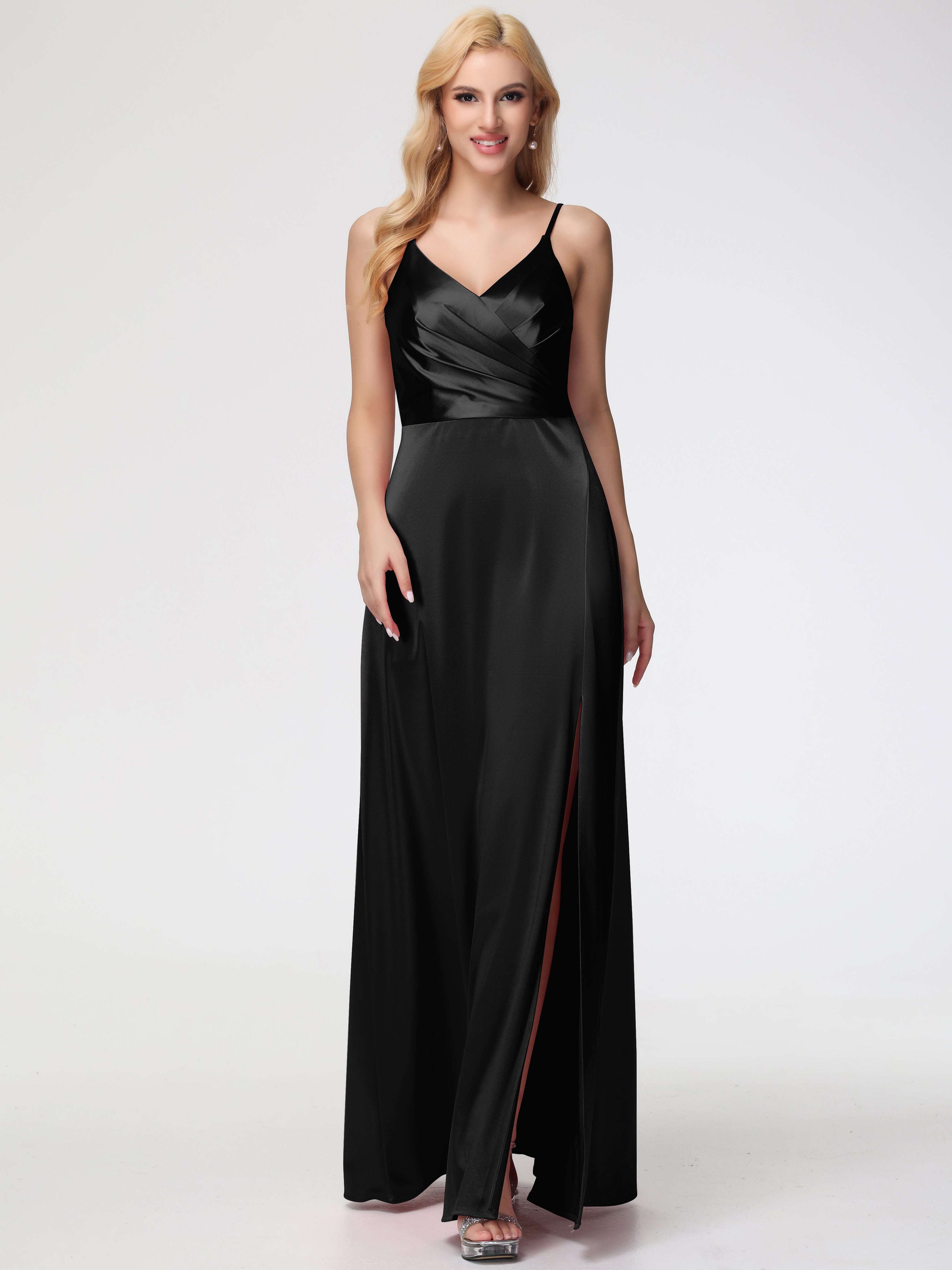 Robe Noire Demoiselle D Honneur Trapèze Fendue Col V Dos V Satin Extensible Robe De Demoiselle D'Honneur