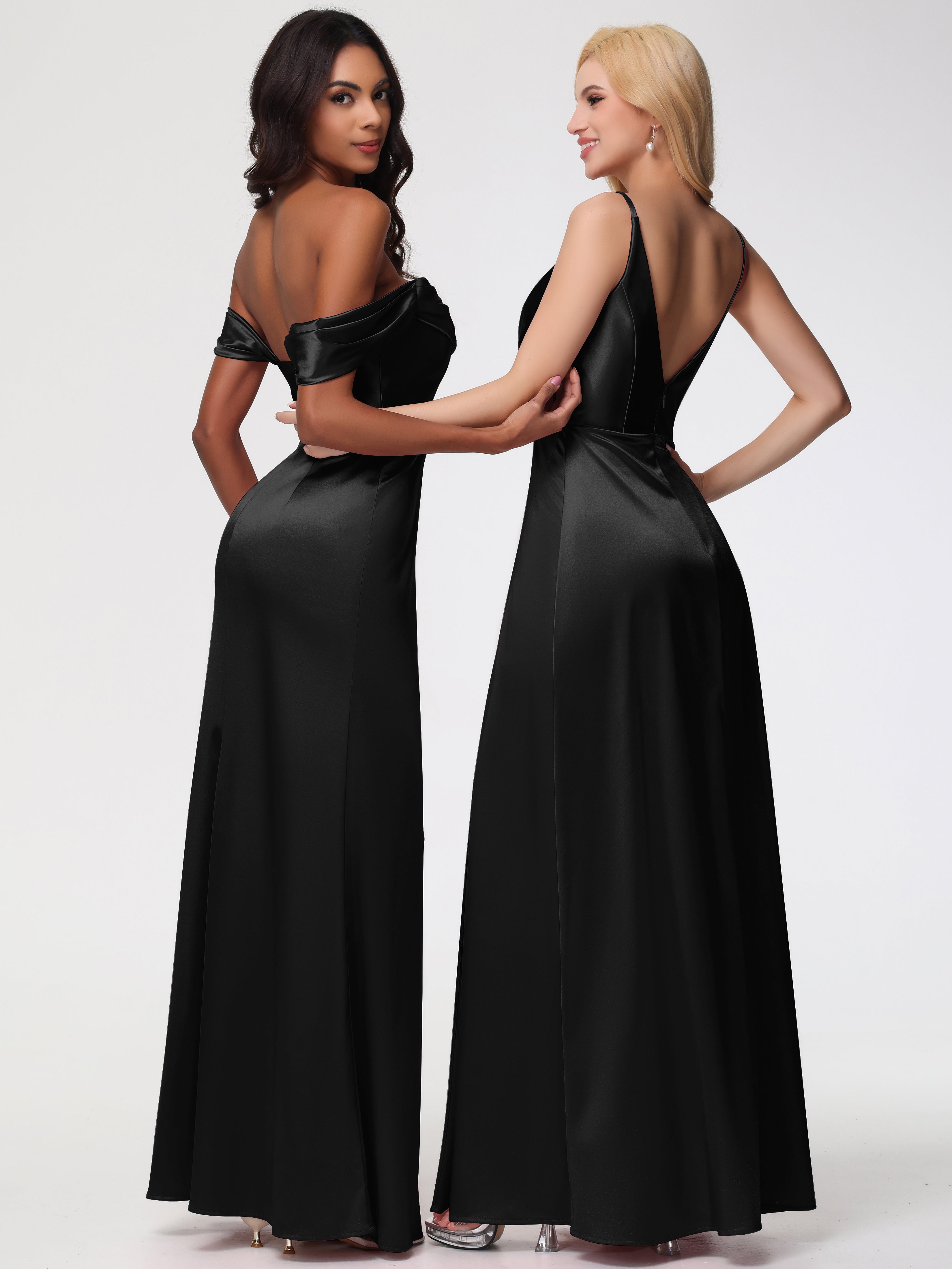 Robe Noire Demoiselle D Honneur Trapèze Fendue Col V Dos V Satin Extensible Robe De Demoiselle D'Honneur