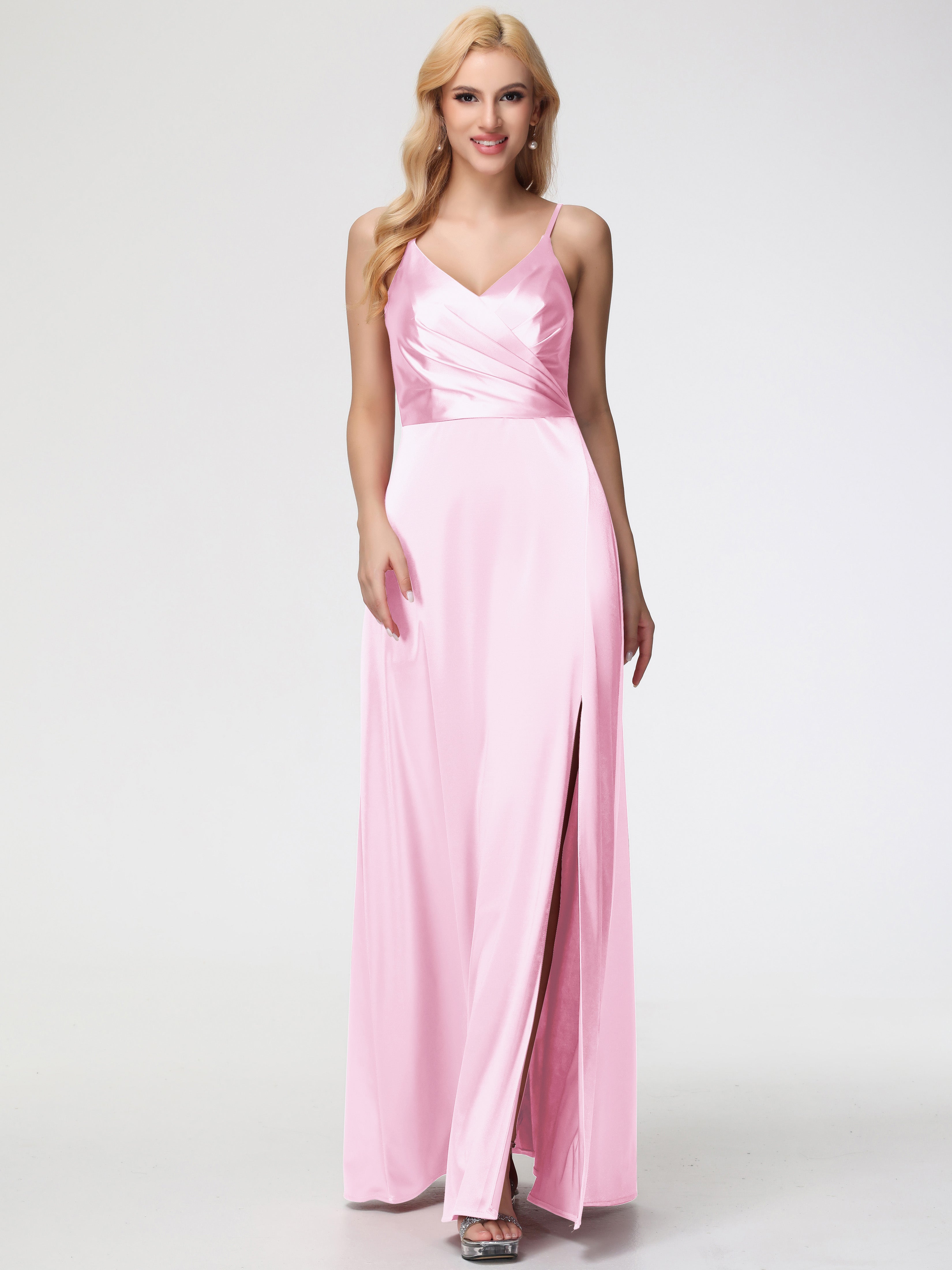 Robe Demoiselle Dhonneur ROSE PÂLE Trapèze Fendue Col V Dos V Satin Extensible Robe De Demoiselle D'Honneur