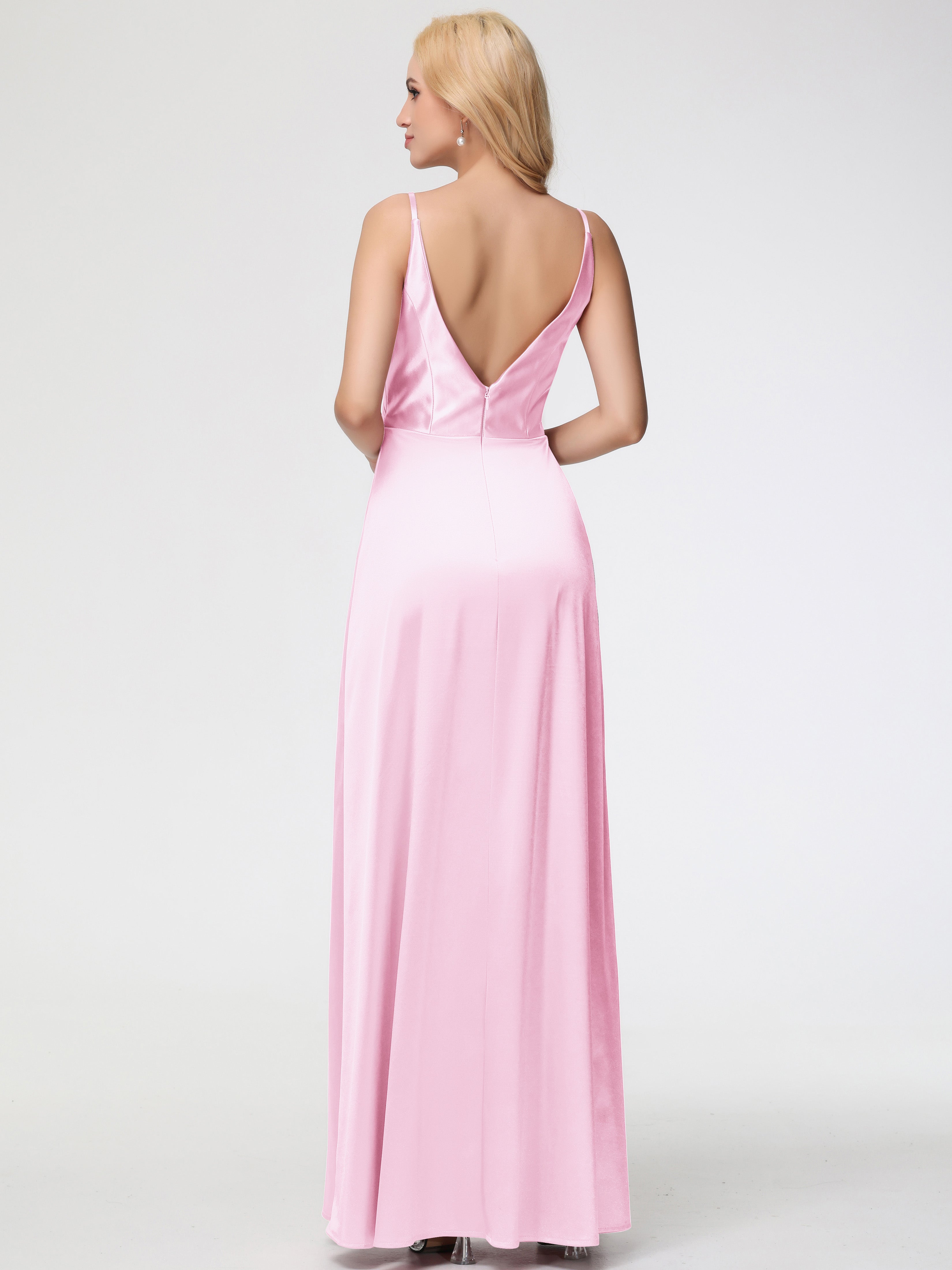Robe Demoiselle Dhonneur ROSE PÂLE Trapèze Fendue Col V Dos V Satin Extensible Robe De Demoiselle D'Honneur