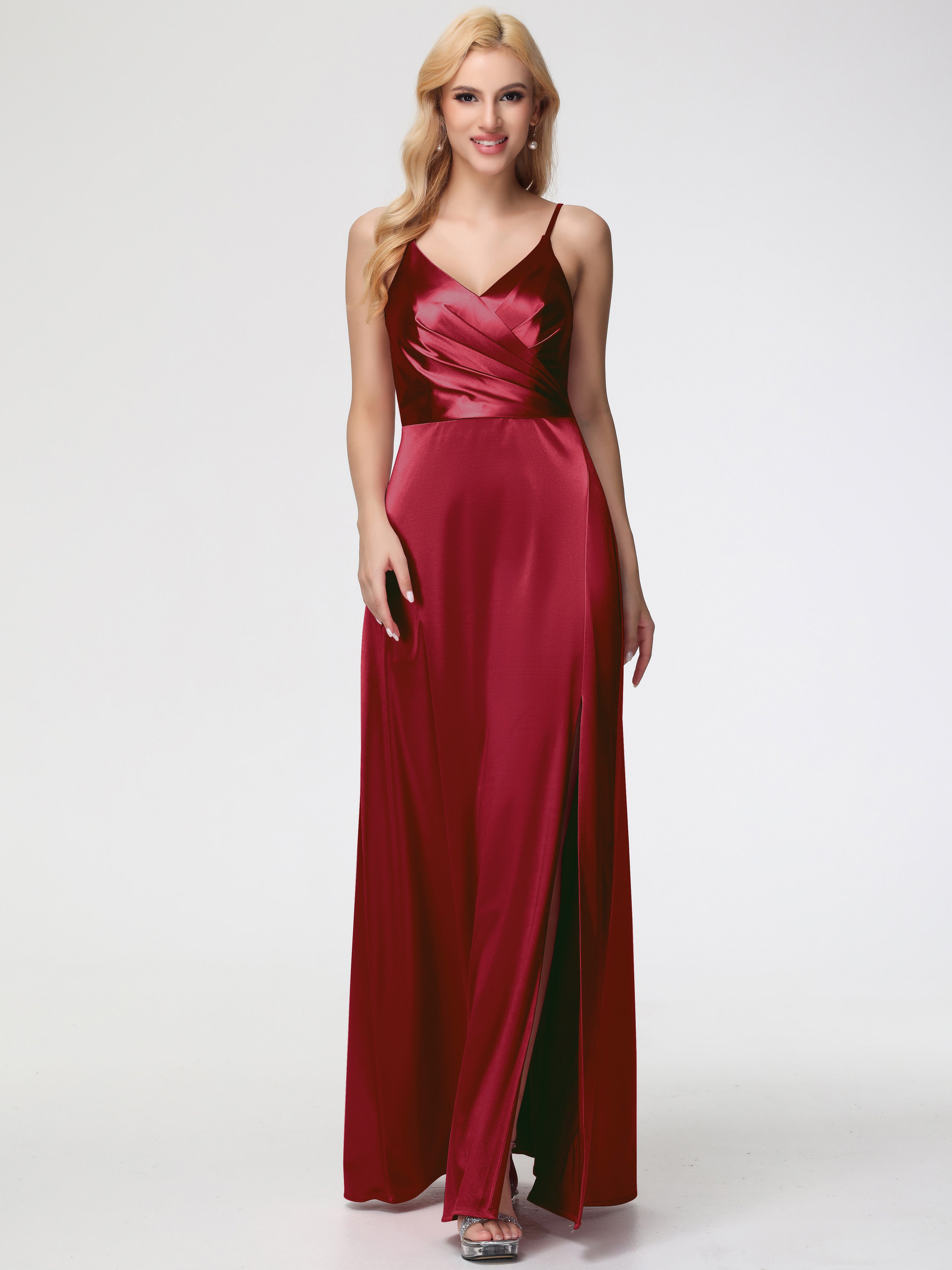 Robe De Demoiselle D Honneur Bordeaux Trapèze Fendue Col V Dos V Satin Extensible Robe De Demoiselle D'Honneur