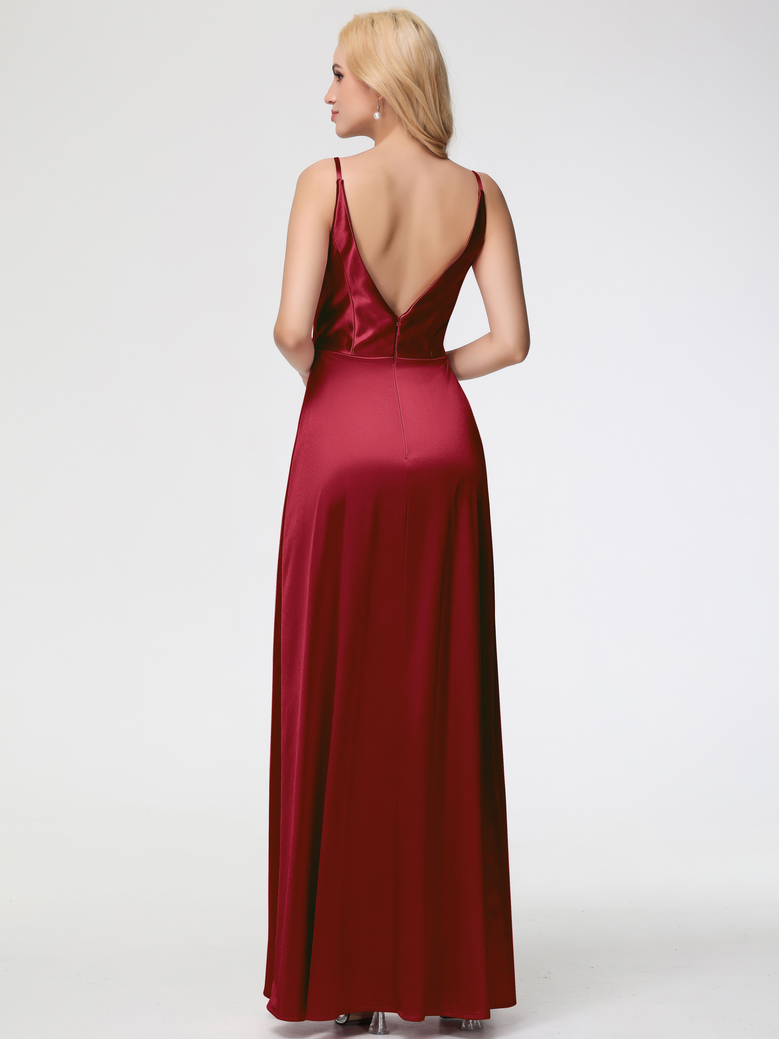 Robe De Demoiselle D Honneur Bordeaux Trapèze Fendue Col V Dos V Satin Extensible Robe De Demoiselle D'Honneur