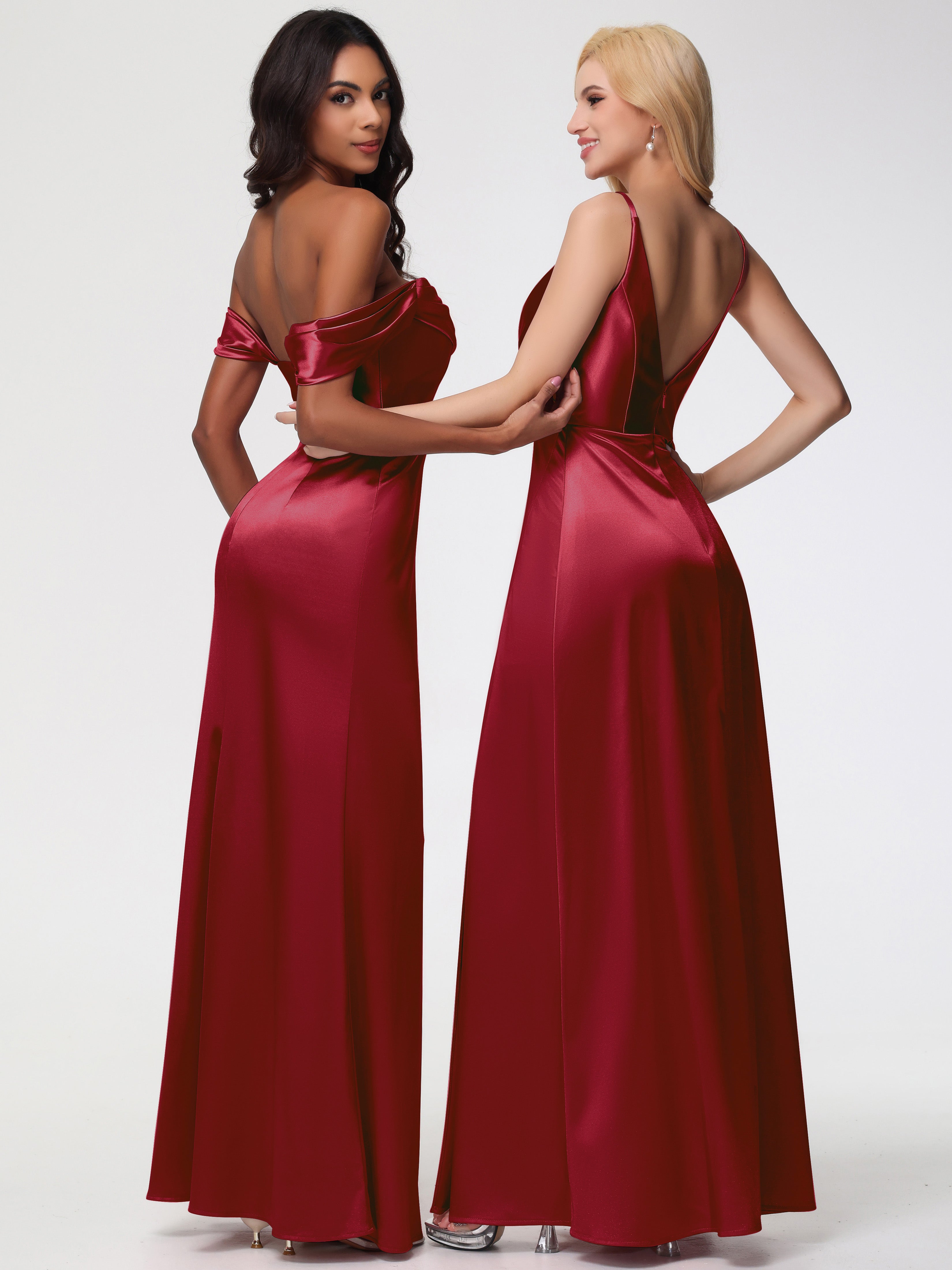 Robe De Demoiselle D Honneur Bordeaux Trapèze Fendue Col V Dos V Satin Extensible Robe De Demoiselle D'Honneur