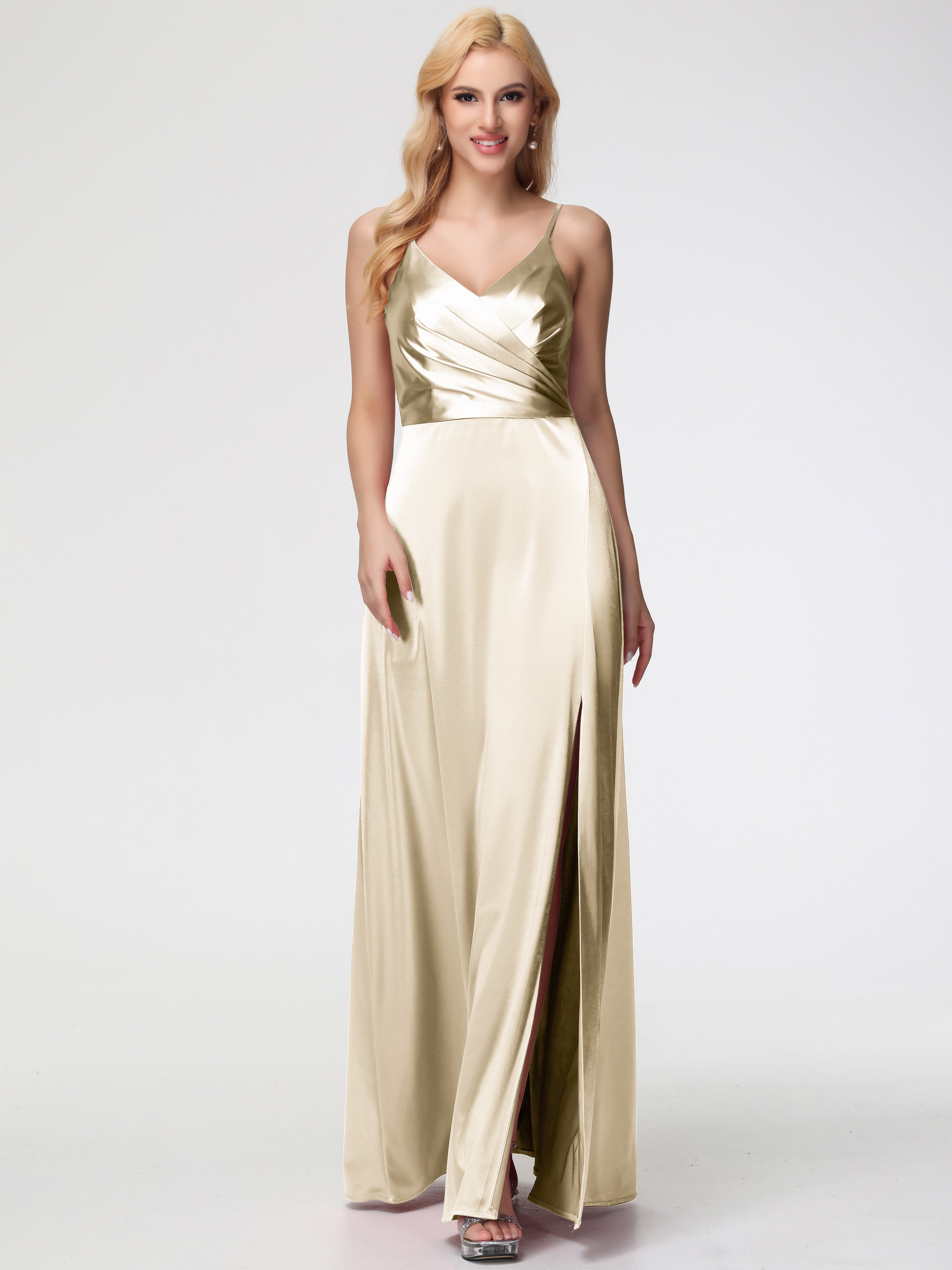 Champagne Robe Demoiselle D Honneur Trapèze Fendue Col V Dos V Satin Extensible Robe De Demoiselle D'Honneur