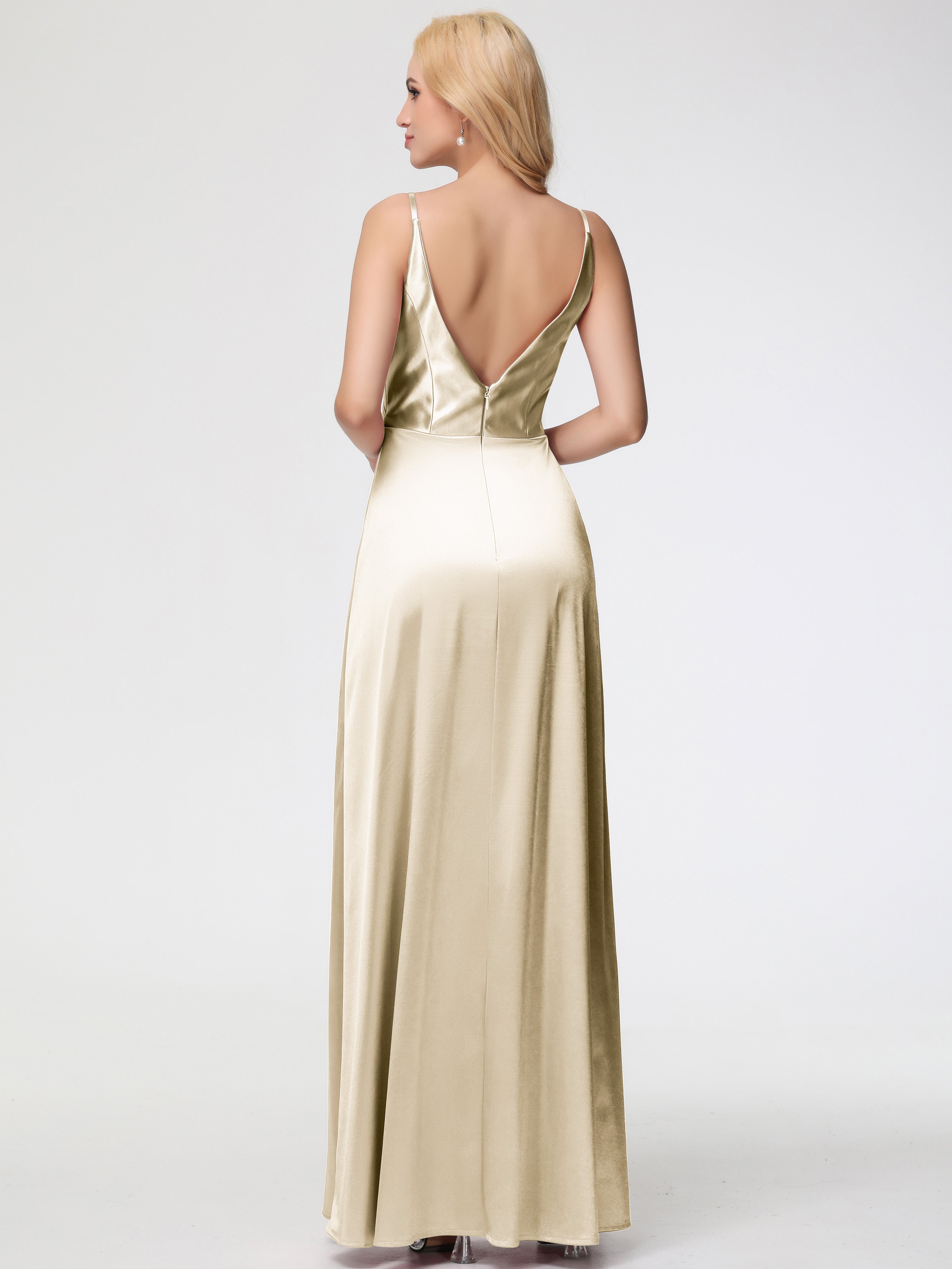 Champagne Robe Demoiselle D Honneur Trapèze Fendue Col V Dos V Satin Extensible Robe De Demoiselle D'Honneur