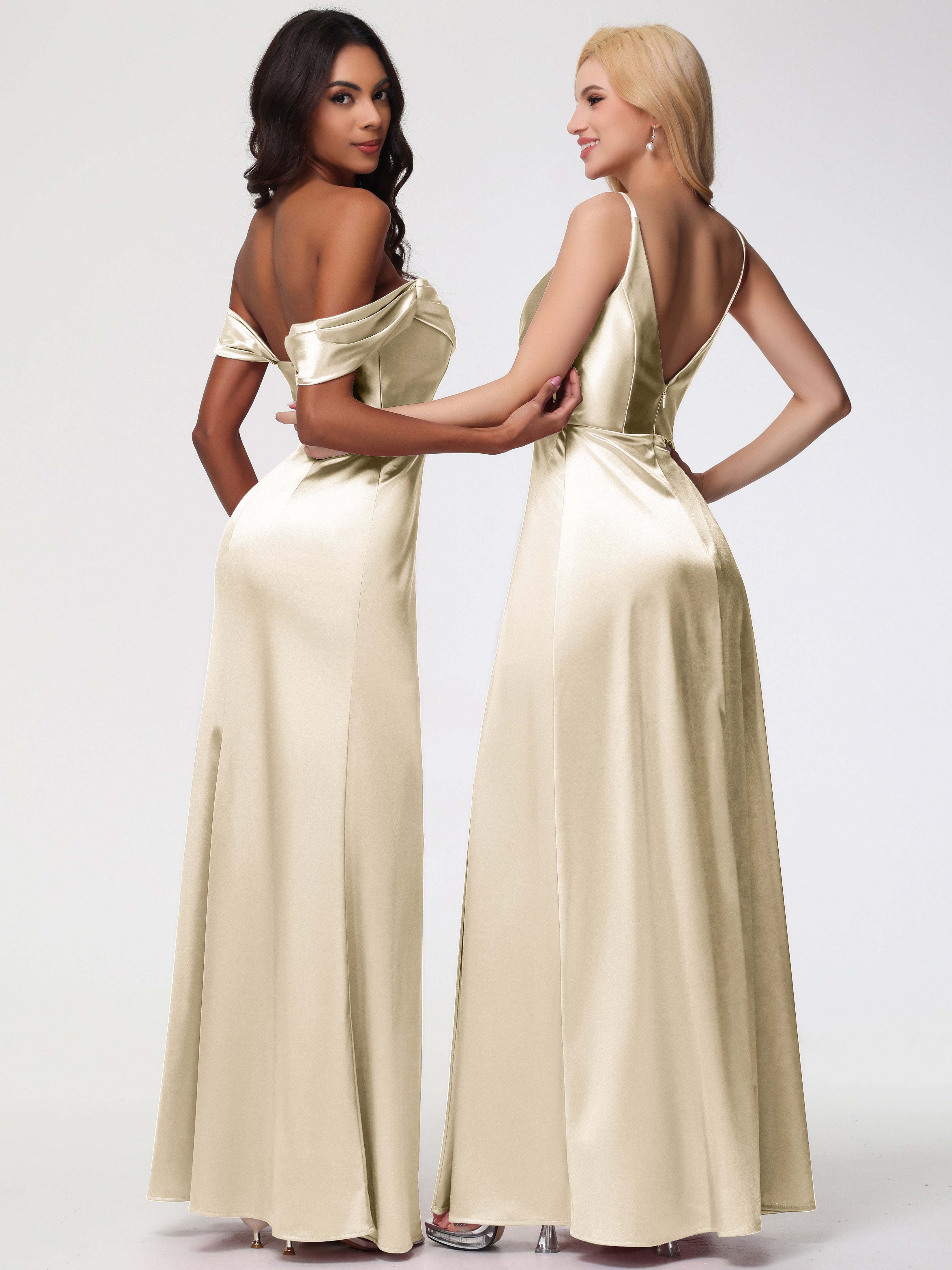 Champagne Robe Demoiselle D Honneur Trapèze Fendue Col V Dos V Satin Extensible Robe De Demoiselle D'Honneur