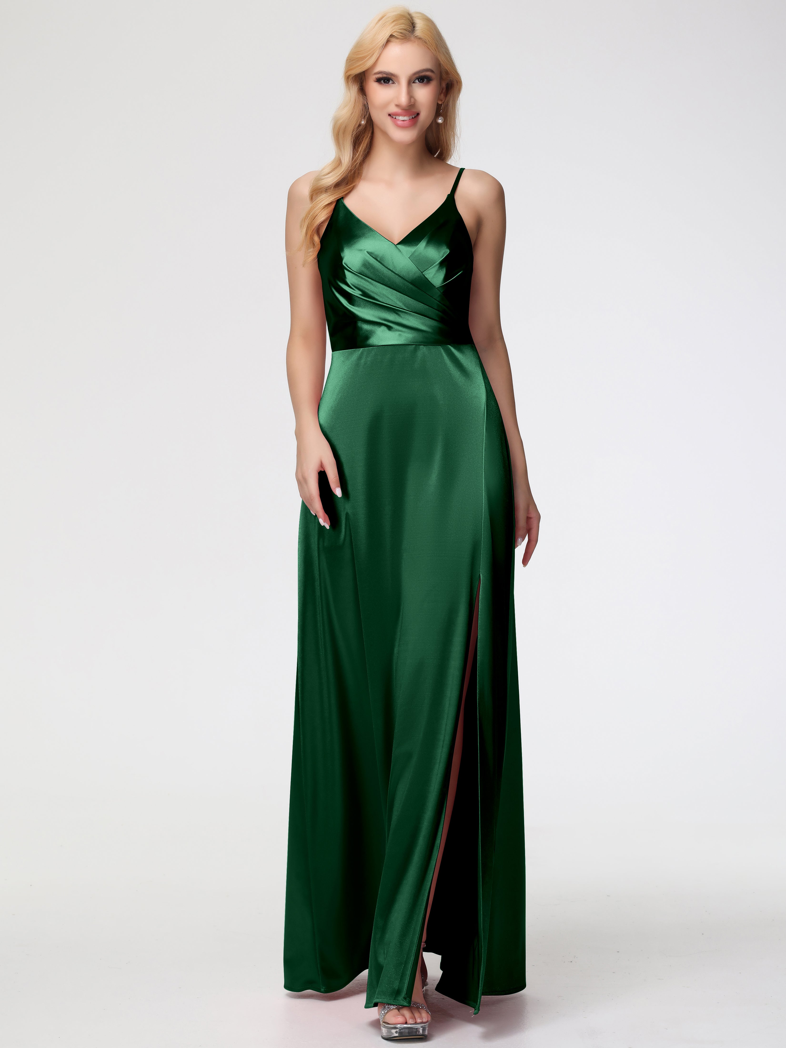 Demoiselle D'Honneur VERT FONCÉ Trapèze Fendue Col V Dos V Satin Extensible Robe De Demoiselle D'Honneur