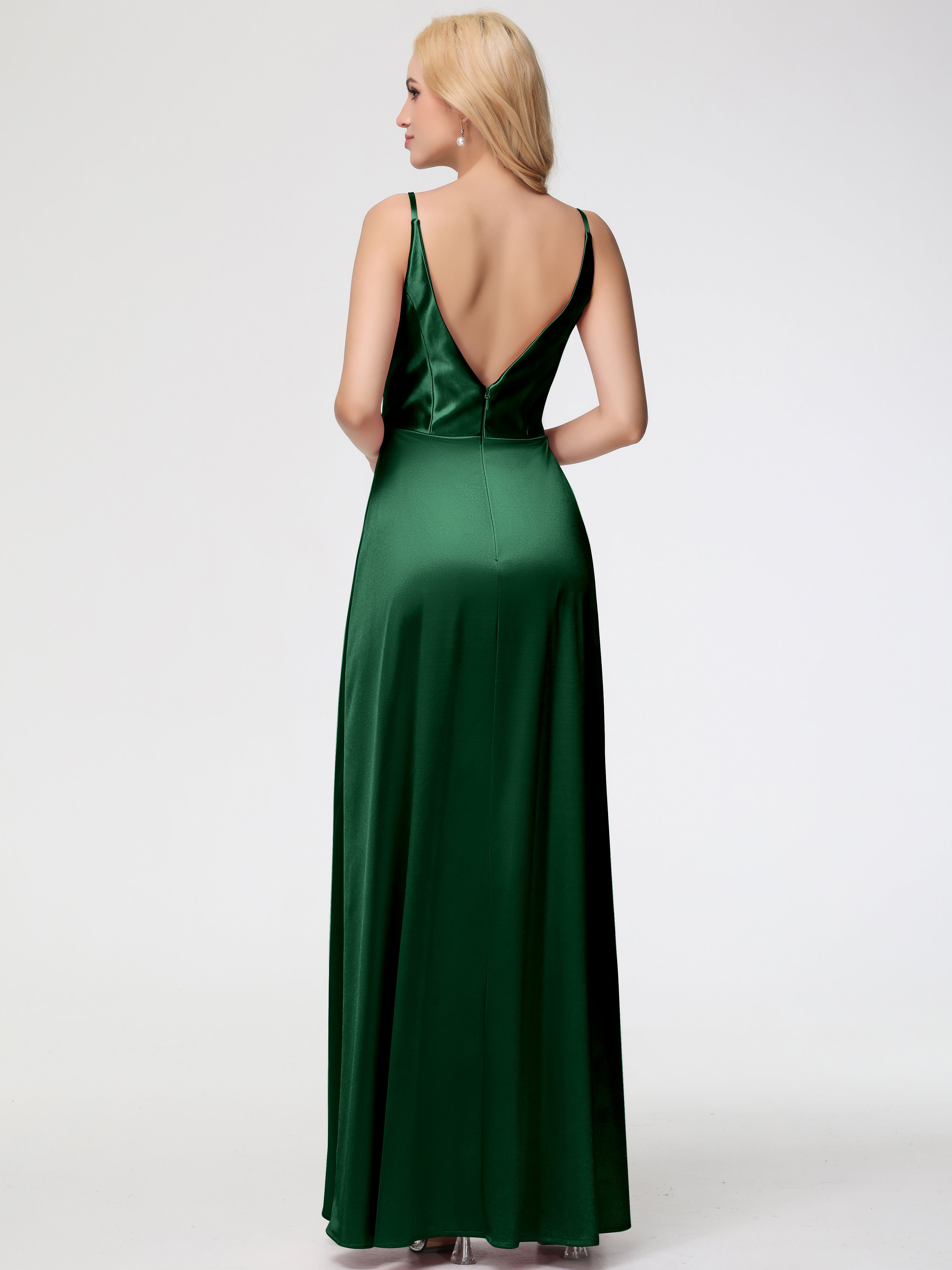 Demoiselle D'Honneur VERT FONCÉ Trapèze Fendue Col V Dos V Satin Extensible Robe De Demoiselle D'Honneur