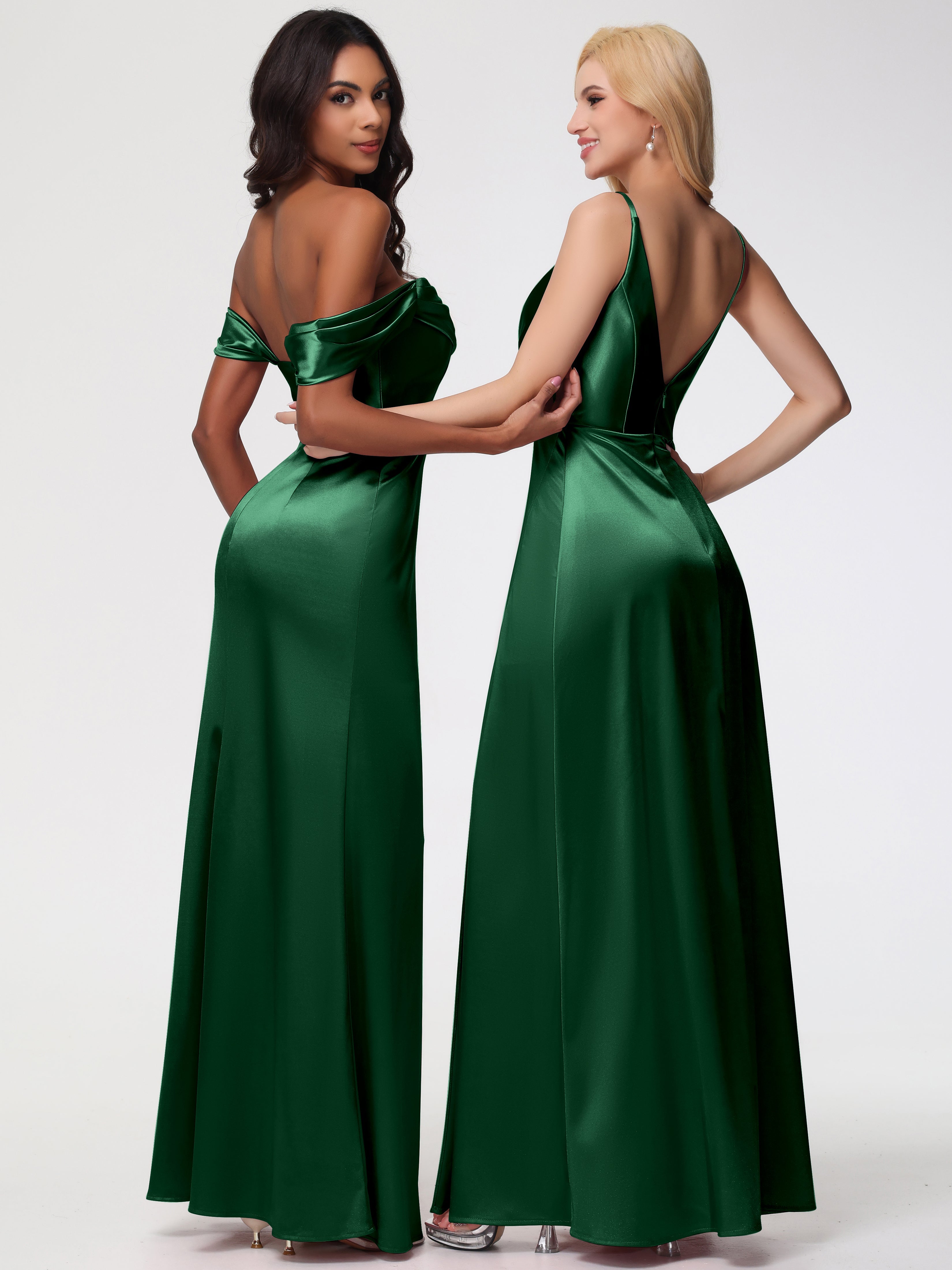 Demoiselle D'Honneur VERT FONCÉ Trapèze Fendue Col V Dos V Satin Extensible Robe De Demoiselle D'Honneur