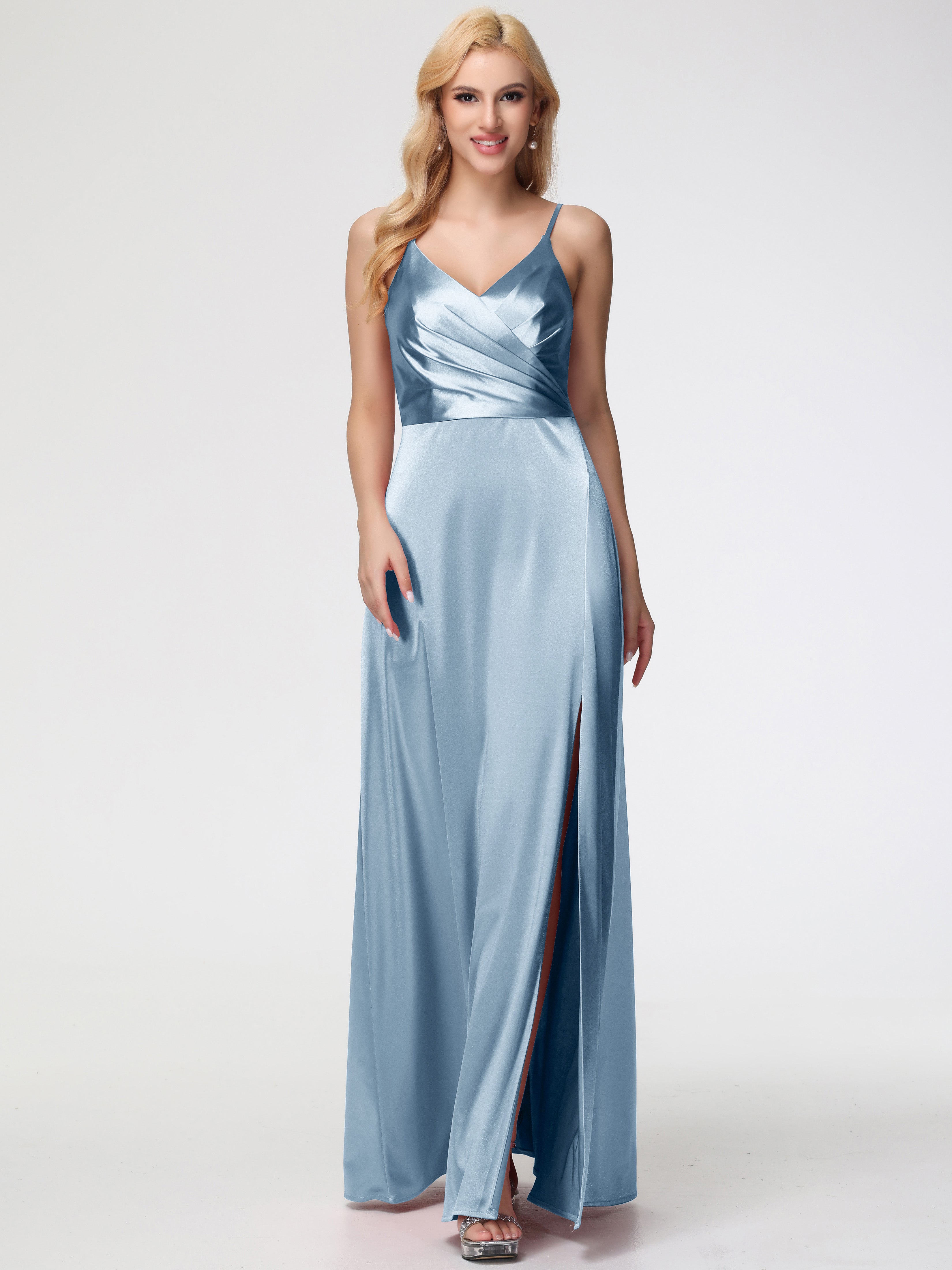 Robe Demoiselle D Honneur Bleu Poussiereux Trapèze Fendue Col V Dos V Satin Extensible Robe De Demoiselle D'Honneur