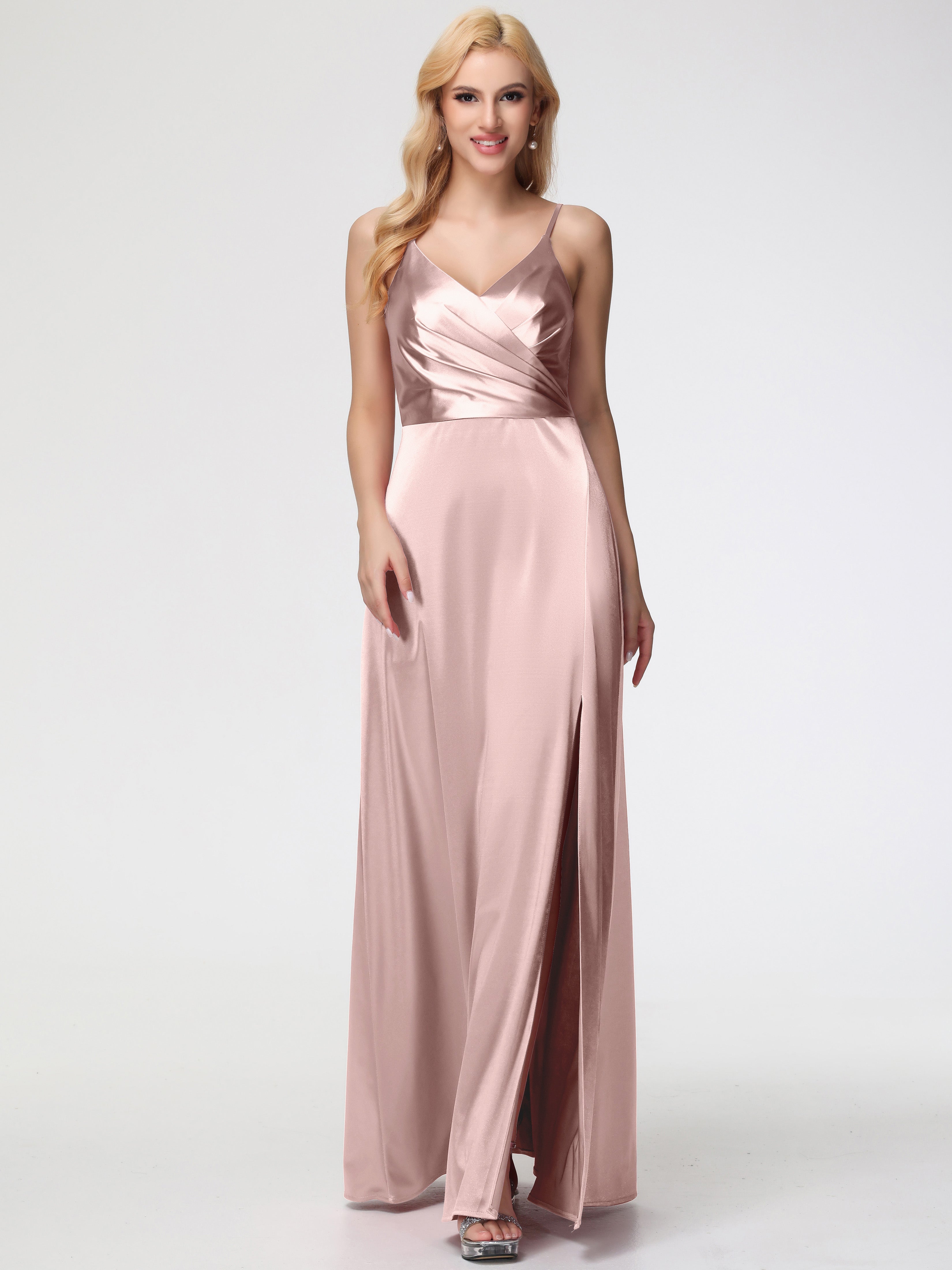 Robe ROSE POUDRÉ Mariage Demoiselle D Honneur Trapèze Fendue Col V Dos V Satin Extensible Robe De Demoiselle D'Honneur