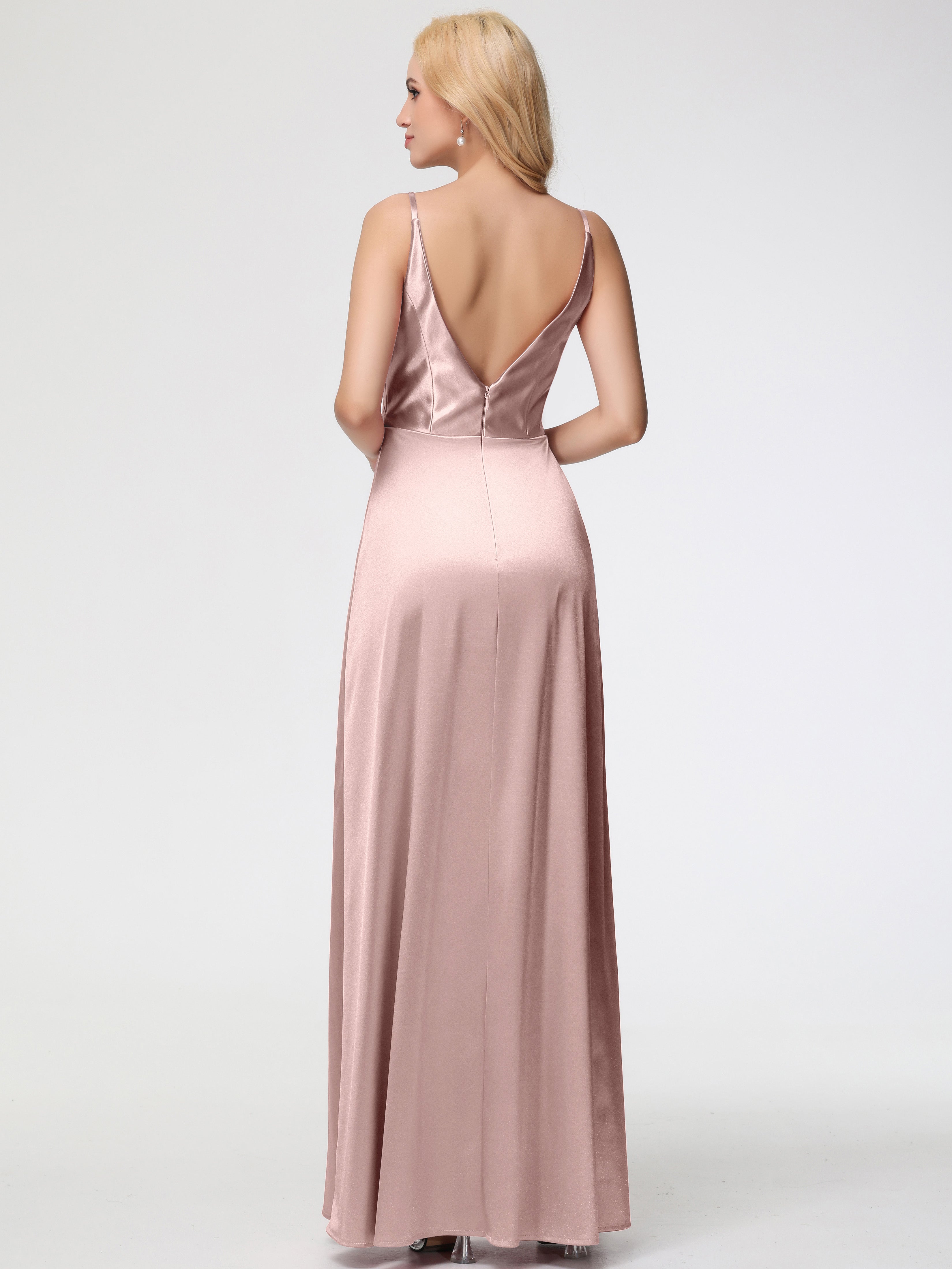 Robe ROSE POUDRÉ Mariage Demoiselle D Honneur Trapèze Fendue Col V Dos V Satin Extensible Robe De Demoiselle D'Honneur