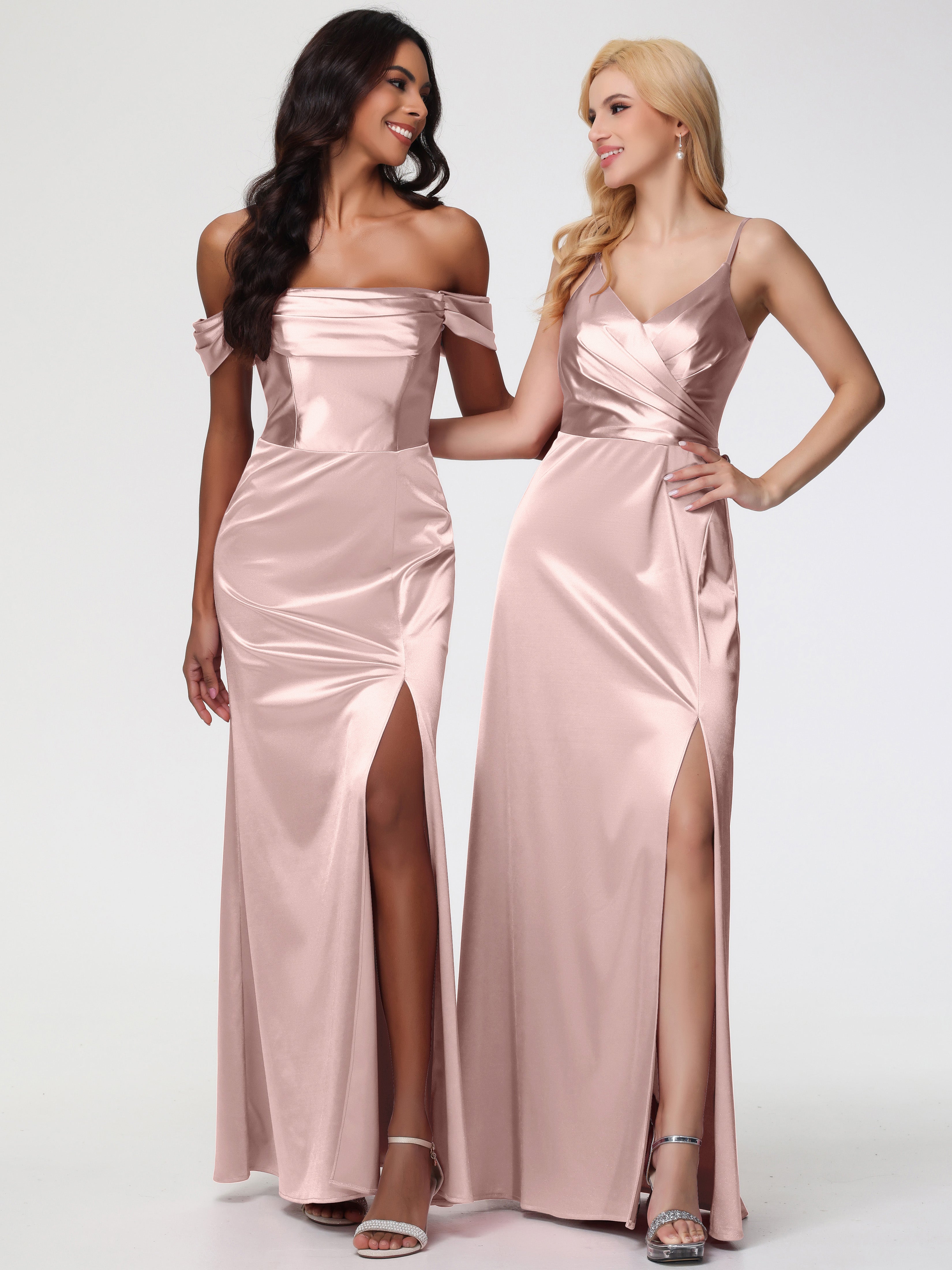 Robe ROSE POUDRÉ Mariage Demoiselle D Honneur Trapèze Fendue Col V Dos V Satin Extensible Robe De Demoiselle D'Honneur