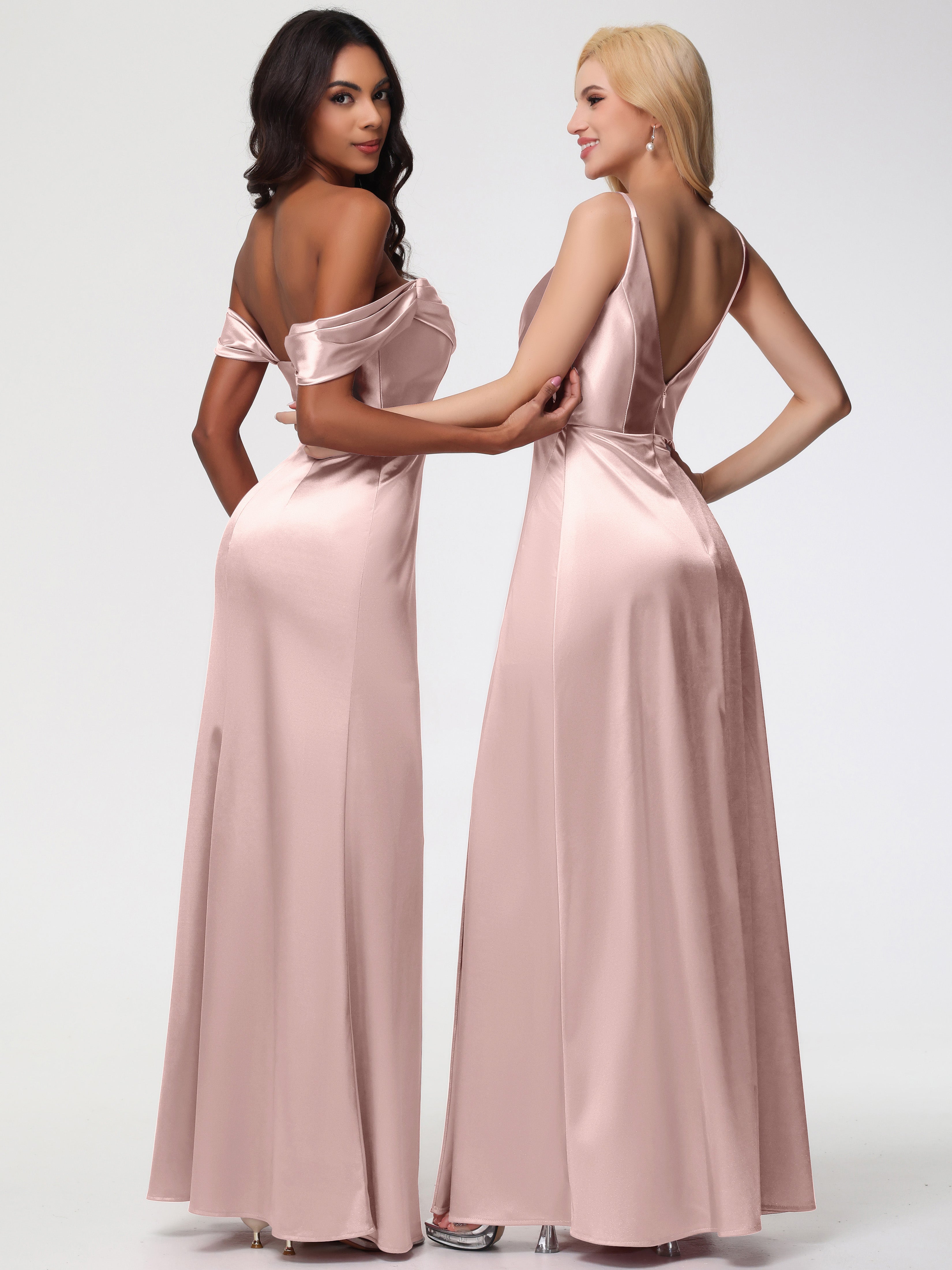 Robe ROSE POUDRÉ Mariage Demoiselle D Honneur Trapèze Fendue Col V Dos V Satin Extensible Robe De Demoiselle D'Honneur