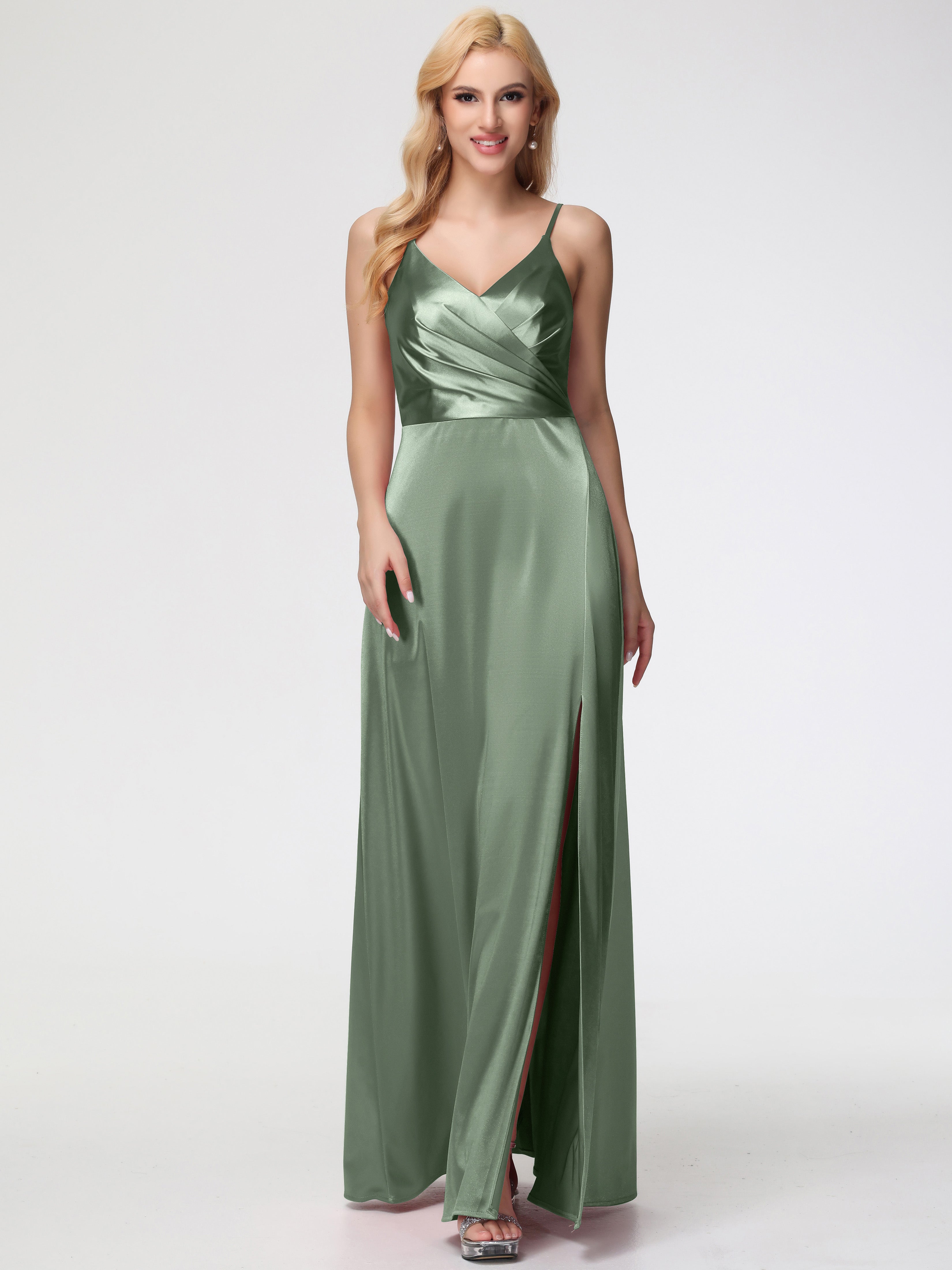 Longues Robes De Demoiselle D'Honneur De Sauge Poussiéreuse Trapèze Fendue Col V Dos V Satin Extensible Robe De Demoiselle D'Honneur
