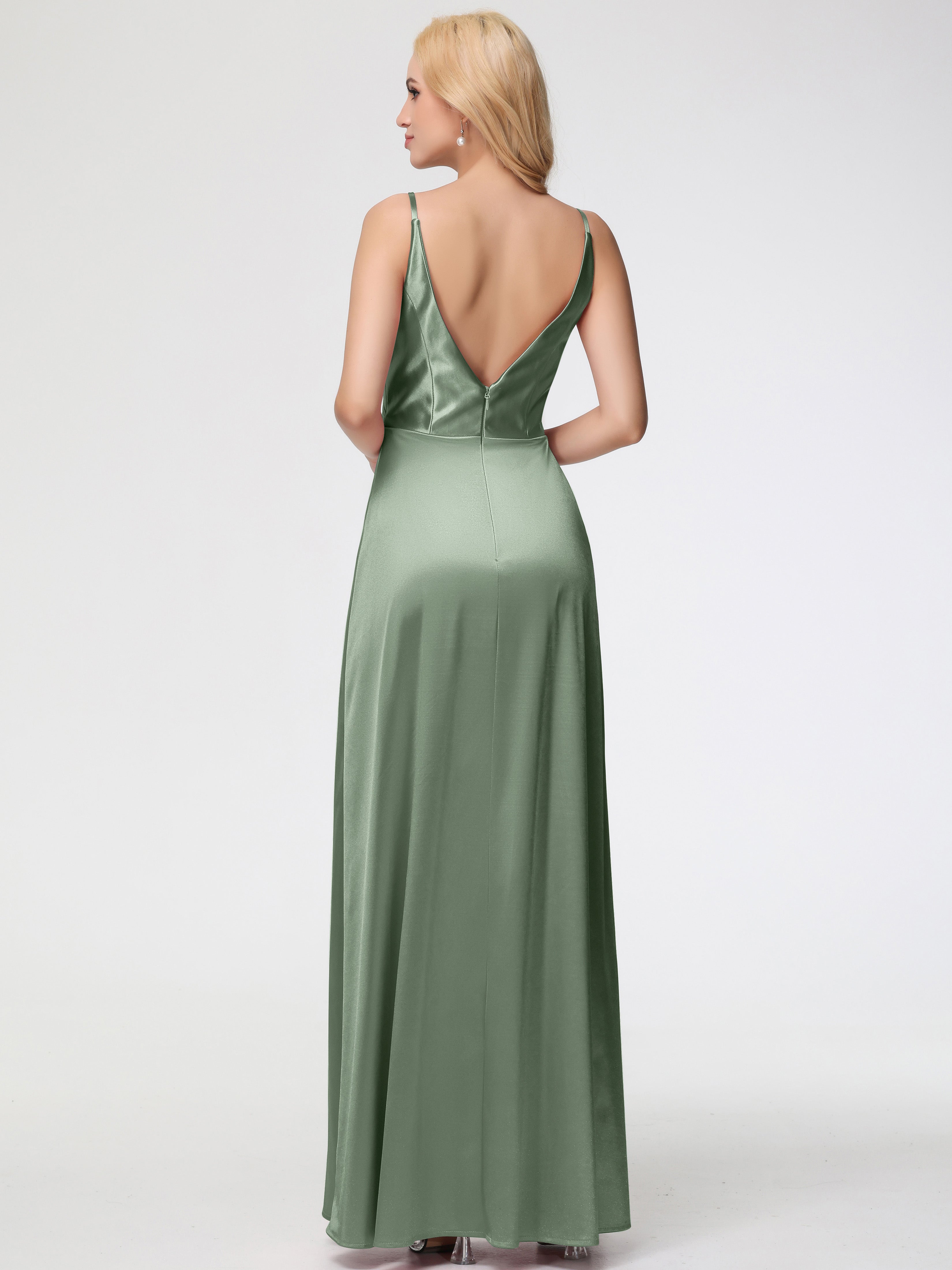 Longues Robes De Demoiselle D'Honneur De Sauge Poussiéreuse Trapèze Fendue Col V Dos V Satin Extensible Robe De Demoiselle D'Honneur