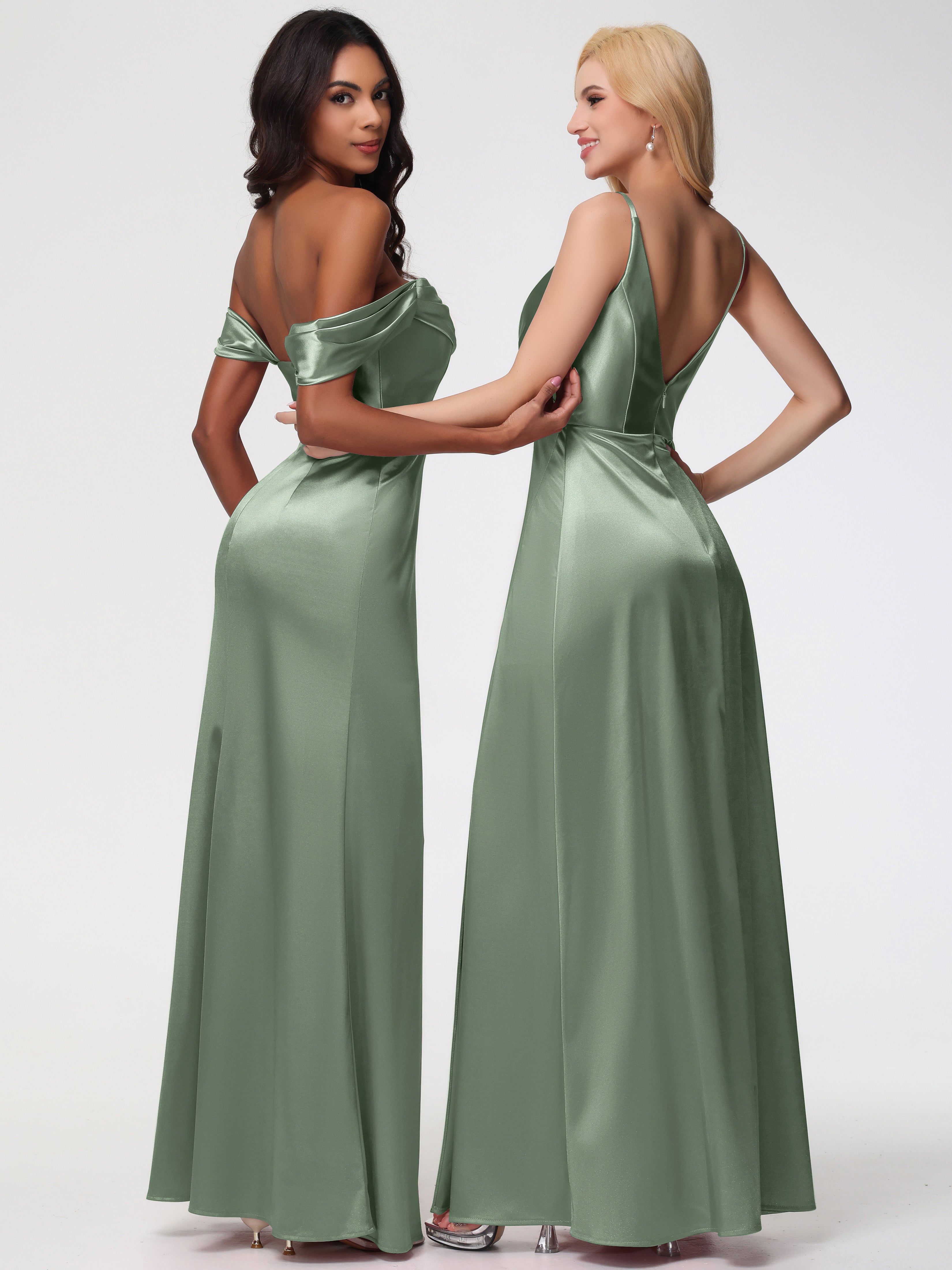 Longues Robes De Demoiselle D'Honneur De Sauge Poussiéreuse Trapèze Fendue Col V Dos V Satin Extensible Robe De Demoiselle D'Honneur