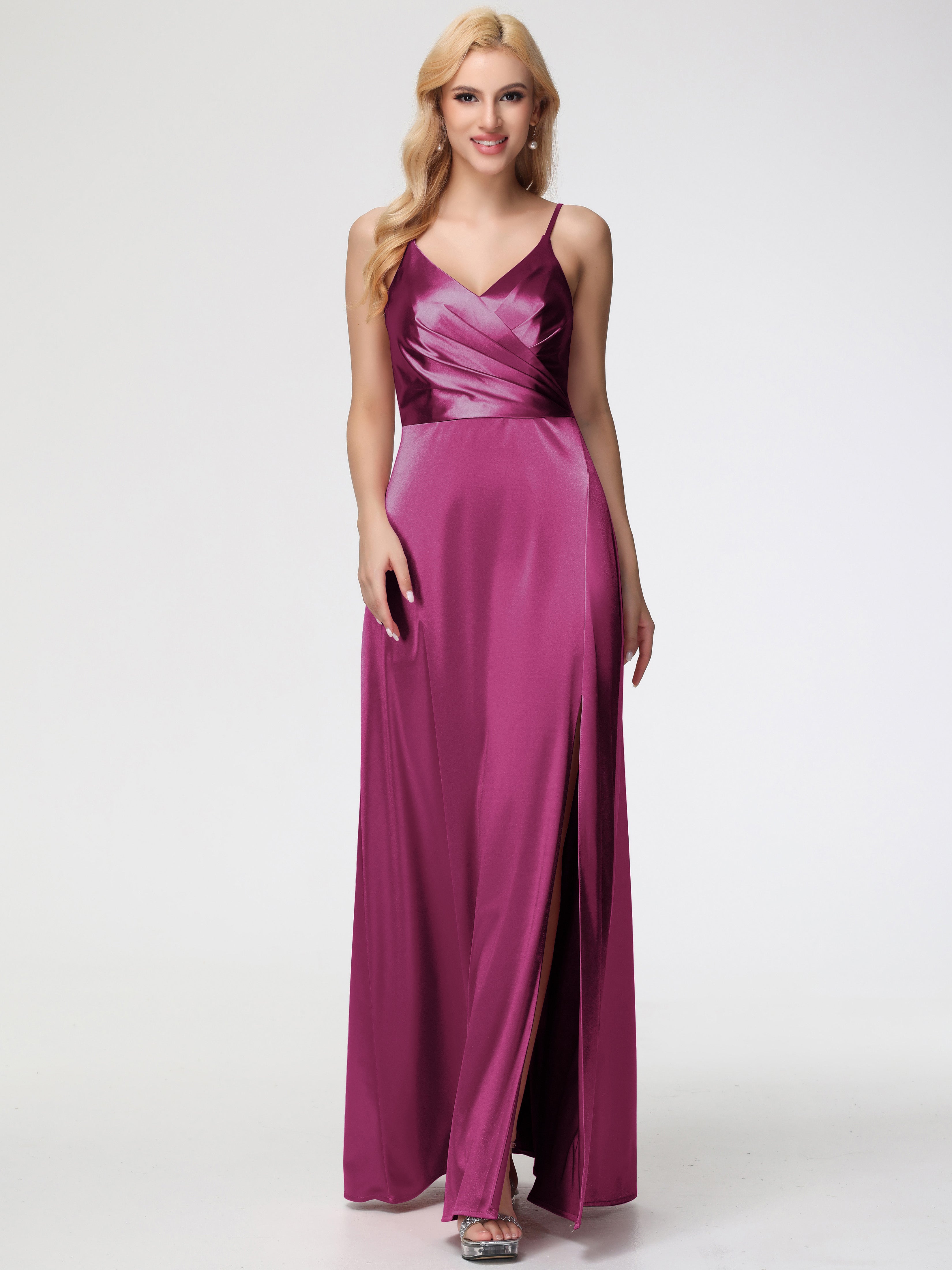 Robe Demoiselle D Honneur Fuchsia Trapèze Fendue Col V Dos V Satin Extensible Robe De Demoiselle D'Honneur