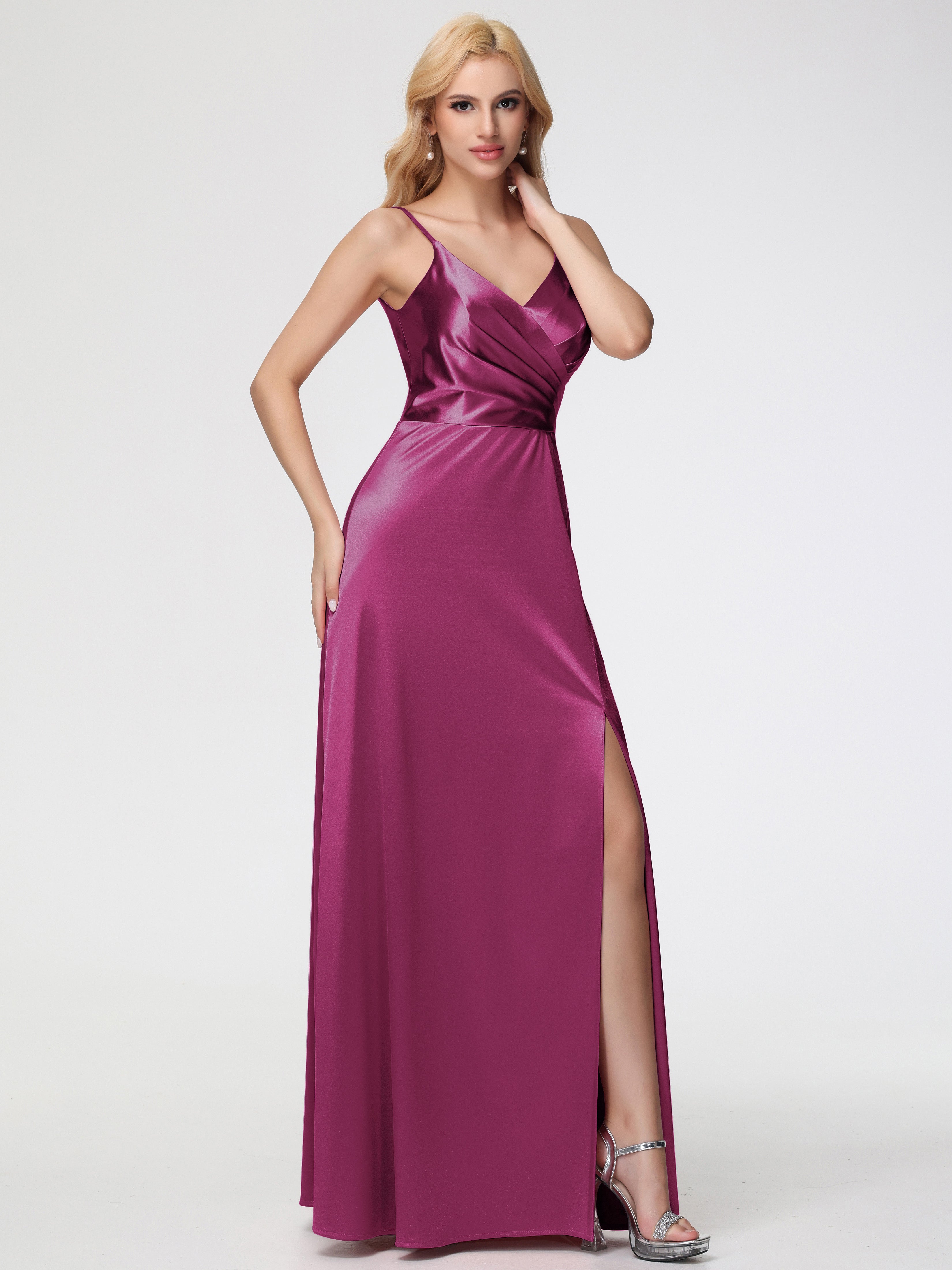 Robe Demoiselle D Honneur Fuchsia Trapèze Fendue Col V Dos V Satin Extensible Robe De Demoiselle D'Honneur