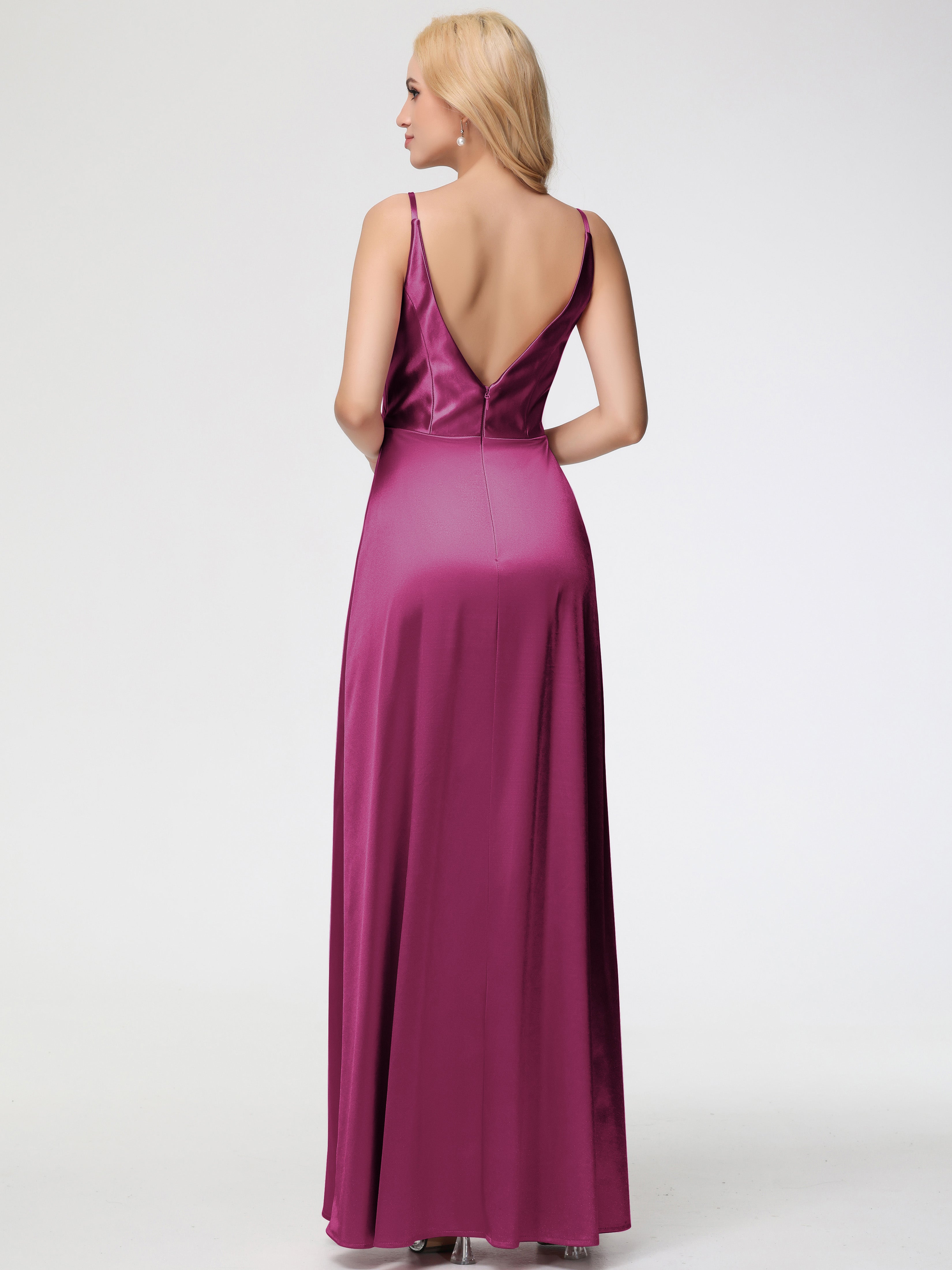 Robe Demoiselle D Honneur Fuchsia Trapèze Fendue Col V Dos V Satin Extensible Robe De Demoiselle D'Honneur