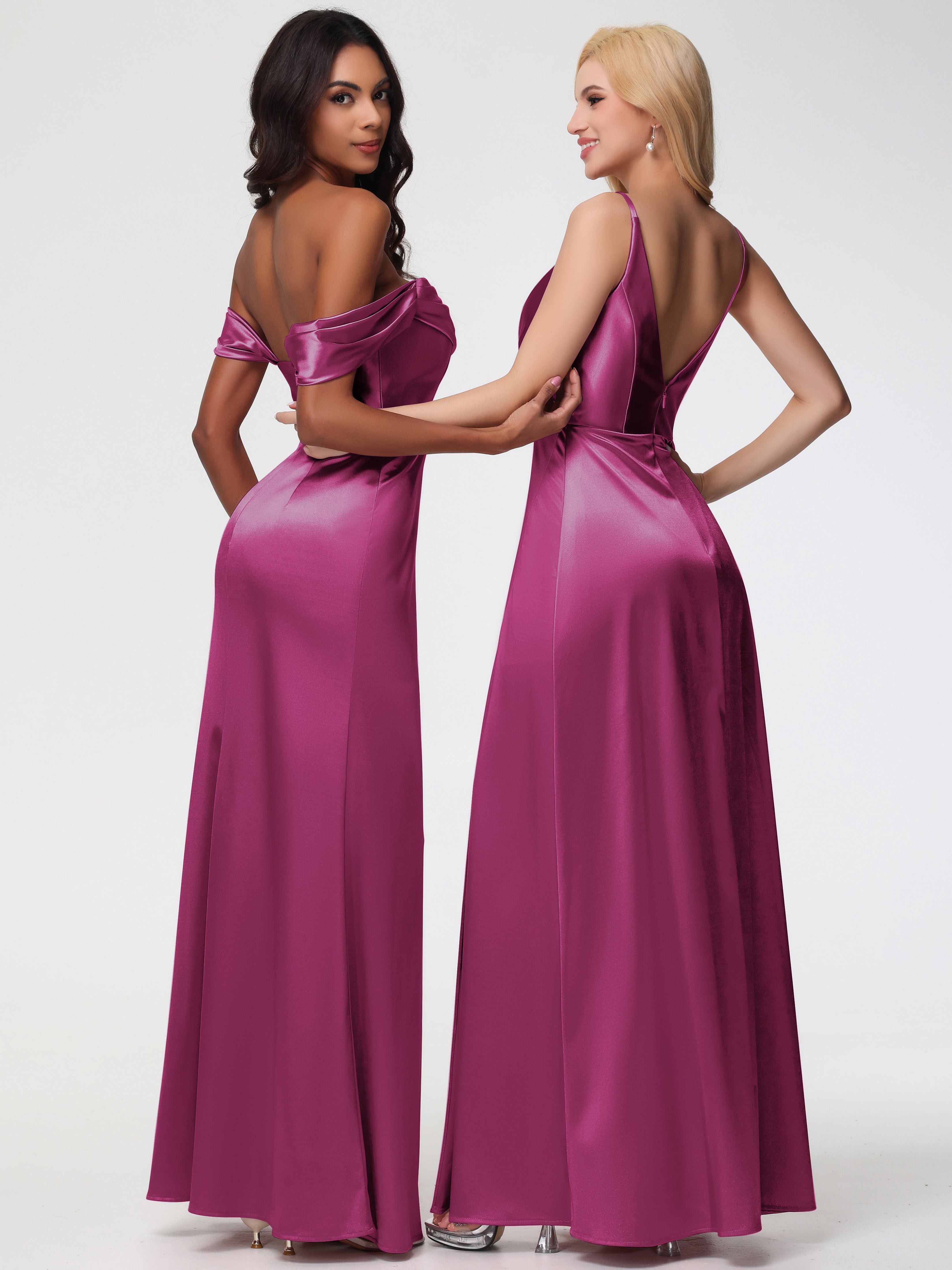 Robe Demoiselle D Honneur Fuchsia Trapèze Fendue Col V Dos V Satin Extensible Robe De Demoiselle D'Honneur