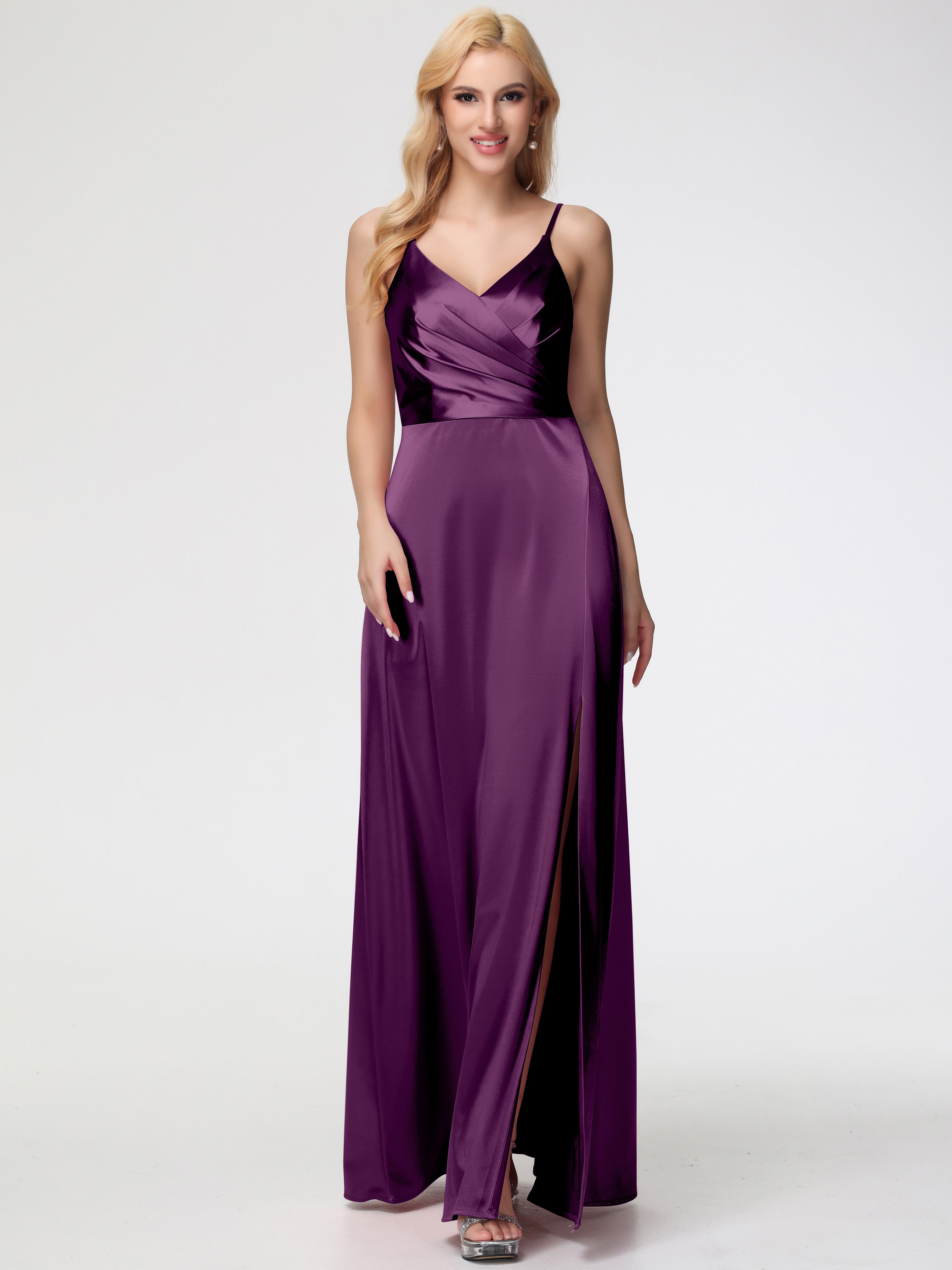 Robes De Demoiselle D'Honneur Raisin Trapèze Fendue Col V Dos V Satin Extensible Robe De Demoiselle D'Honneur