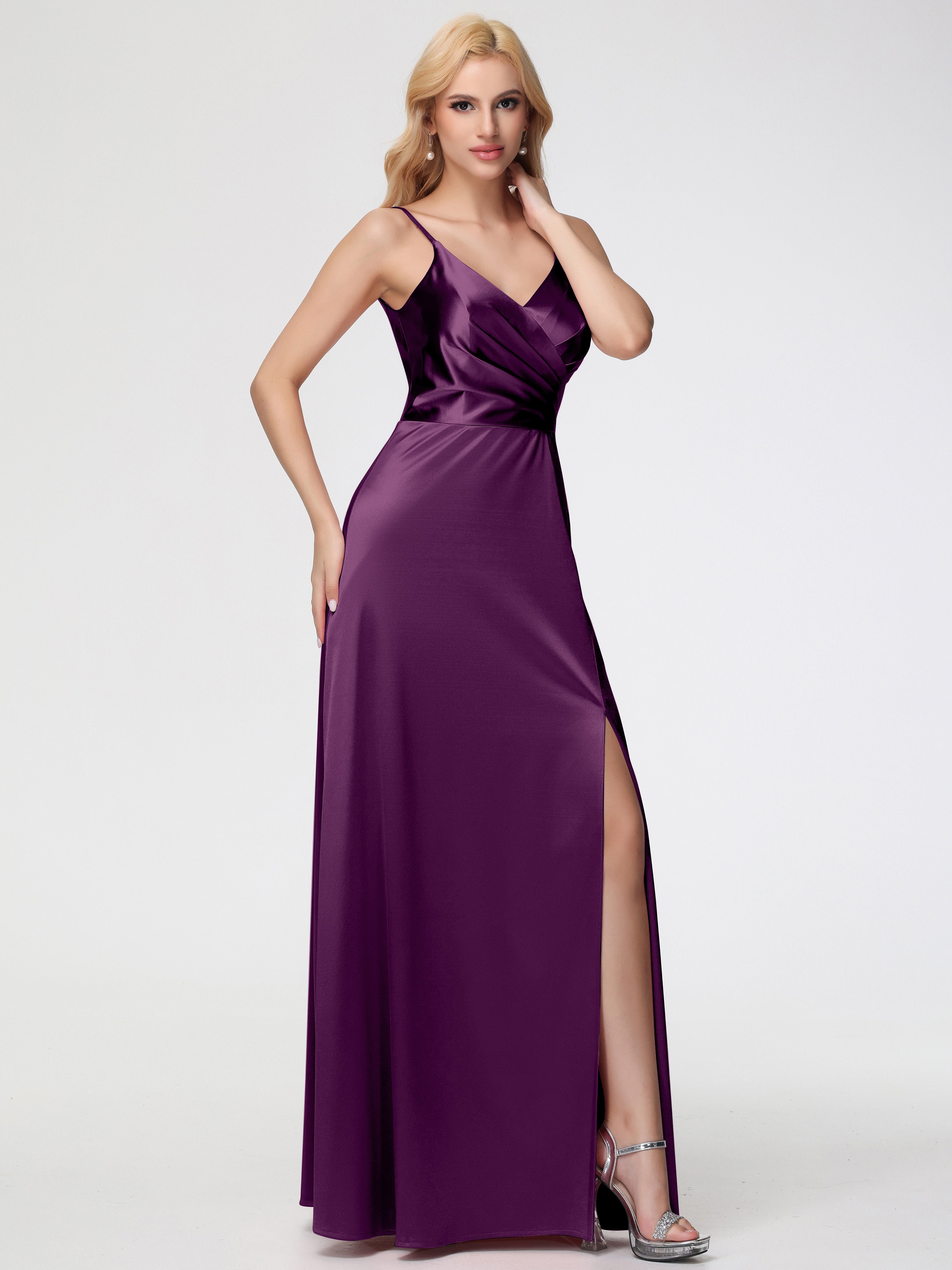 Robes De Demoiselle D'Honneur Raisin Trapèze Fendue Col V Dos V Satin Extensible Robe De Demoiselle D'Honneur